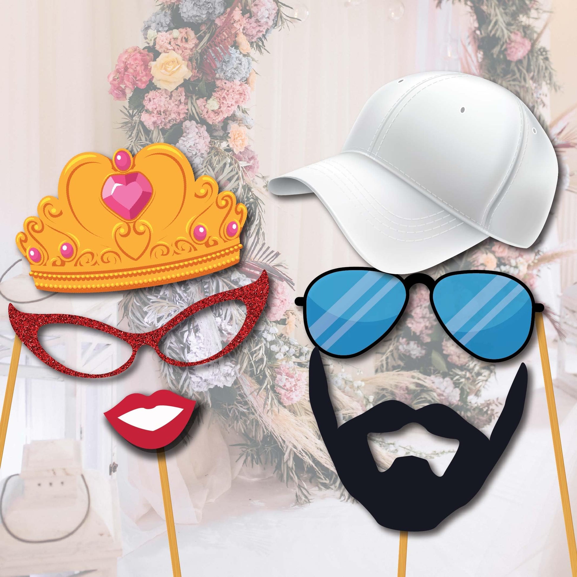 Party Photo Booth Props - 60-pc Photobooth Kit with 8 x 10-Inch Sign, 60 Adhesive Pads, 45 Sticks