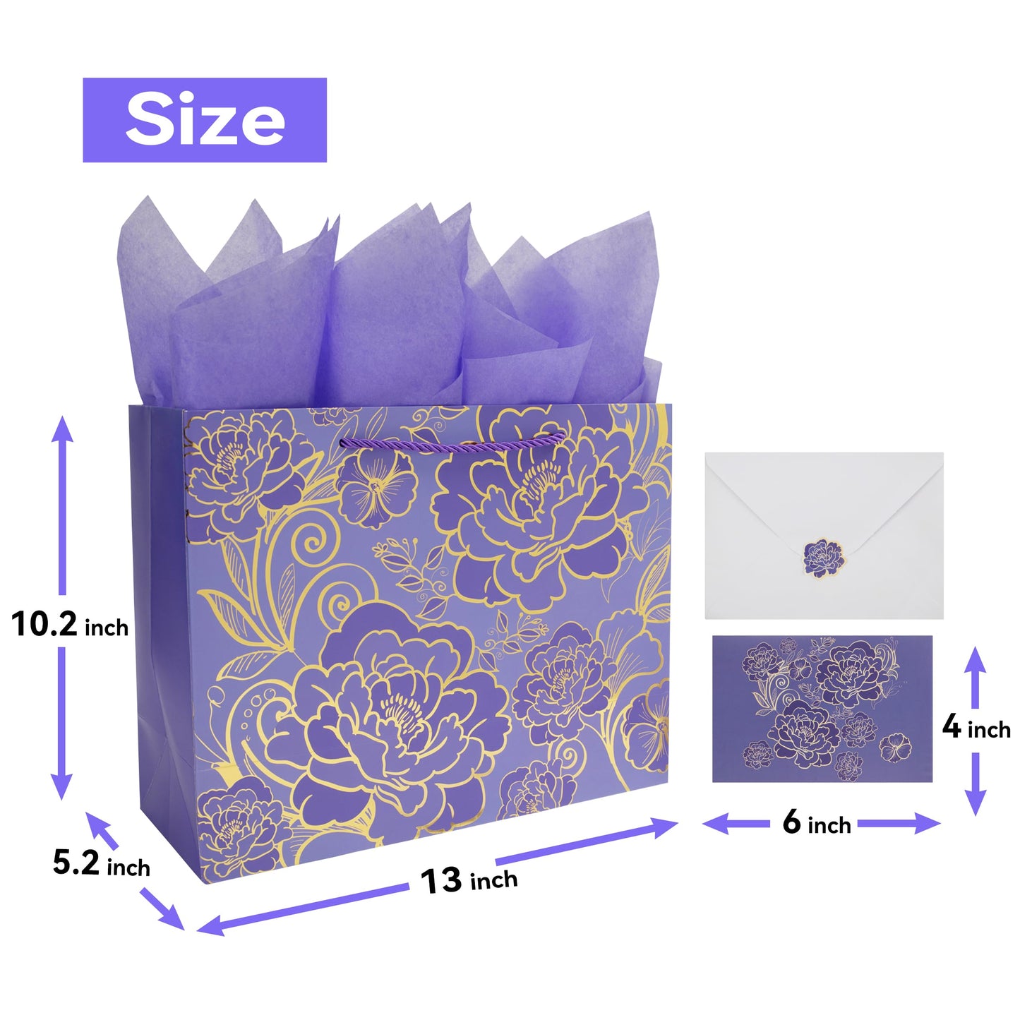 Qirrmiy 13" Large Rose Purple Gift Bag Set with Greeting Card and Tissue Paper for Women or Girls