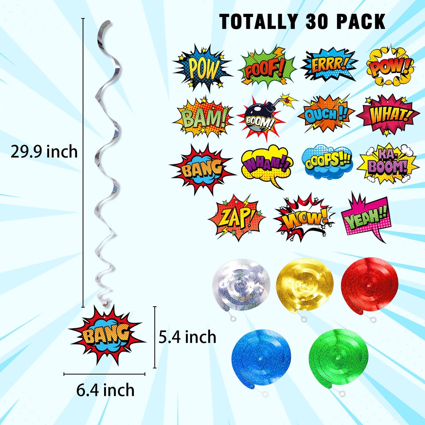Superhero Hanging Swirls 30 Pack Hero Action Sign Foil Ceiling Hanging Swirls Streams Banner Decor