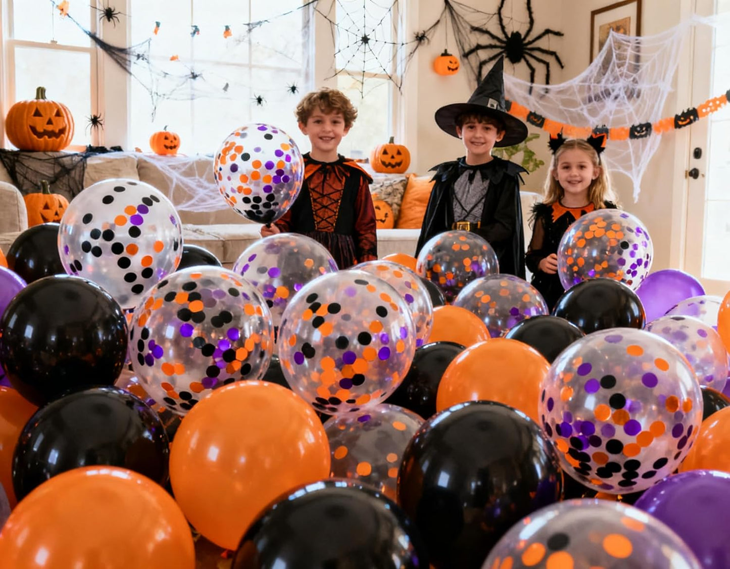 50pcs Purple Orange and Black Foil Confetti Balloons,12 inch Latex Balloon with Purple Orange Black Confetti Inside for Halloween Party Decorations