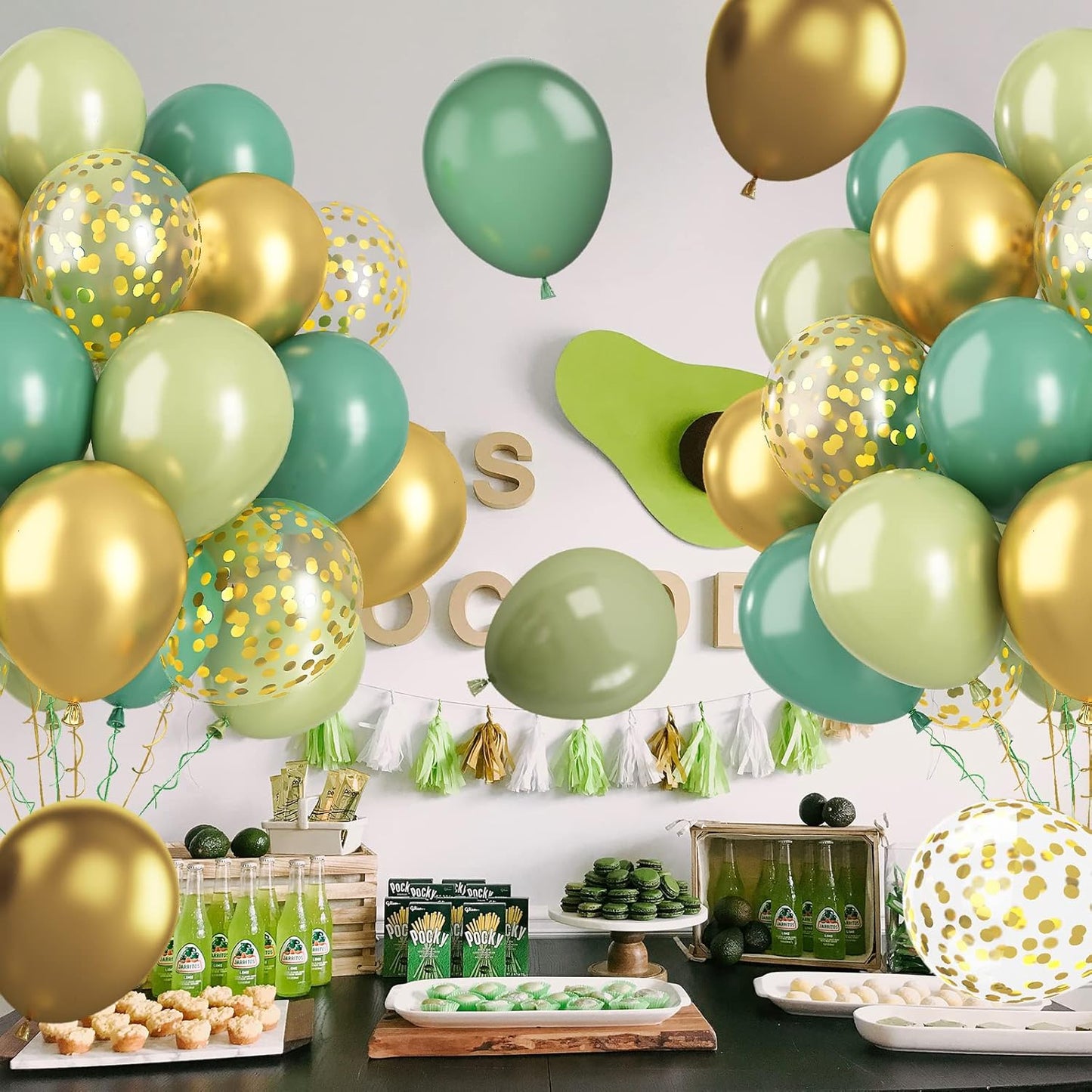 Paready Sage Green Gold Balloons, 60 Pcs 12 Inch Retro Green and Metallic Gold Confetti Balloons, Retro Avocado Party Balloons for Jungle Birthday Baby Shower Animal Wild Theme Decoration Wedding