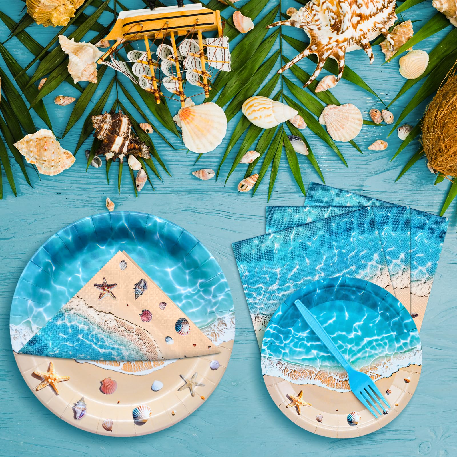 100 Pieces Beach Party Tableware Set – Ocean Wave Disposable Plates, Napkins and Forks, Seashell