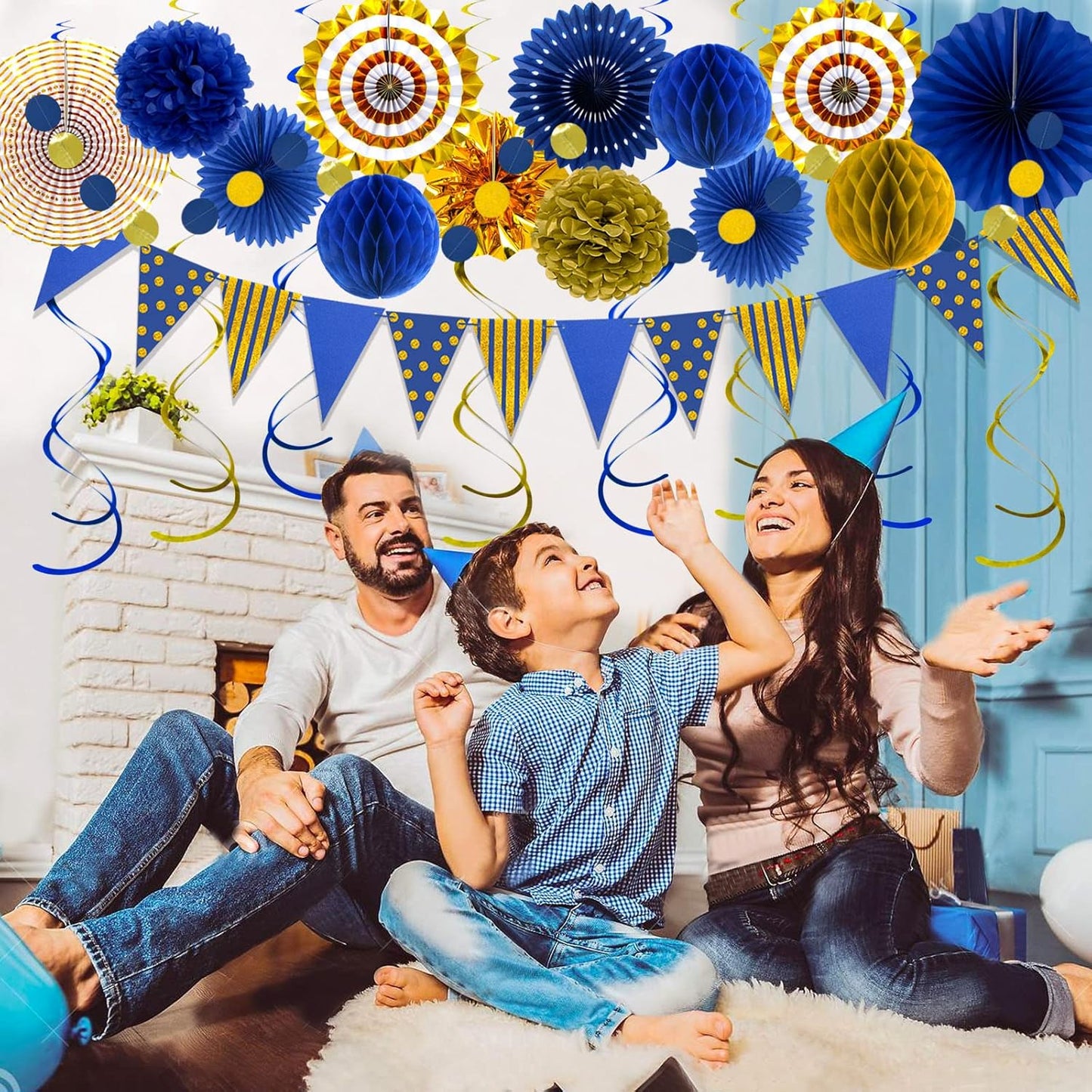 Blue Gold Party Decorations Paper Fans, Graduation Season Hanging Glitter Triangle Flags Banner Hanging Paper Fan Happy Birthday Banners and Triangular Flag, Bridal Shower,Blue Themed Birthday