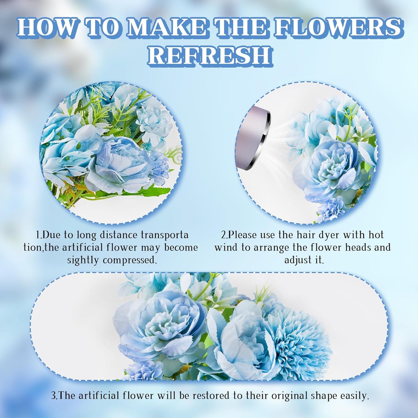 6 Pack Artificial Flowers, Fake Faux Peony Silk Hydrangea Plastic Carnations Daisy Realistic Flower Arrangements for Wedding Decoration Table Centerpieces, for Home Office Party Decor (Blue)