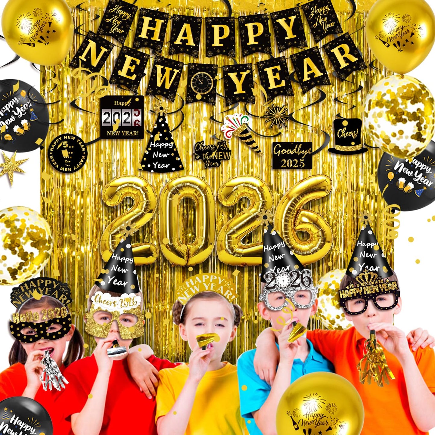 MOVINPE New Year Eve Party Decorations Kit 2026 - Happy New Year Party Supplies, Banner Cone Hats
