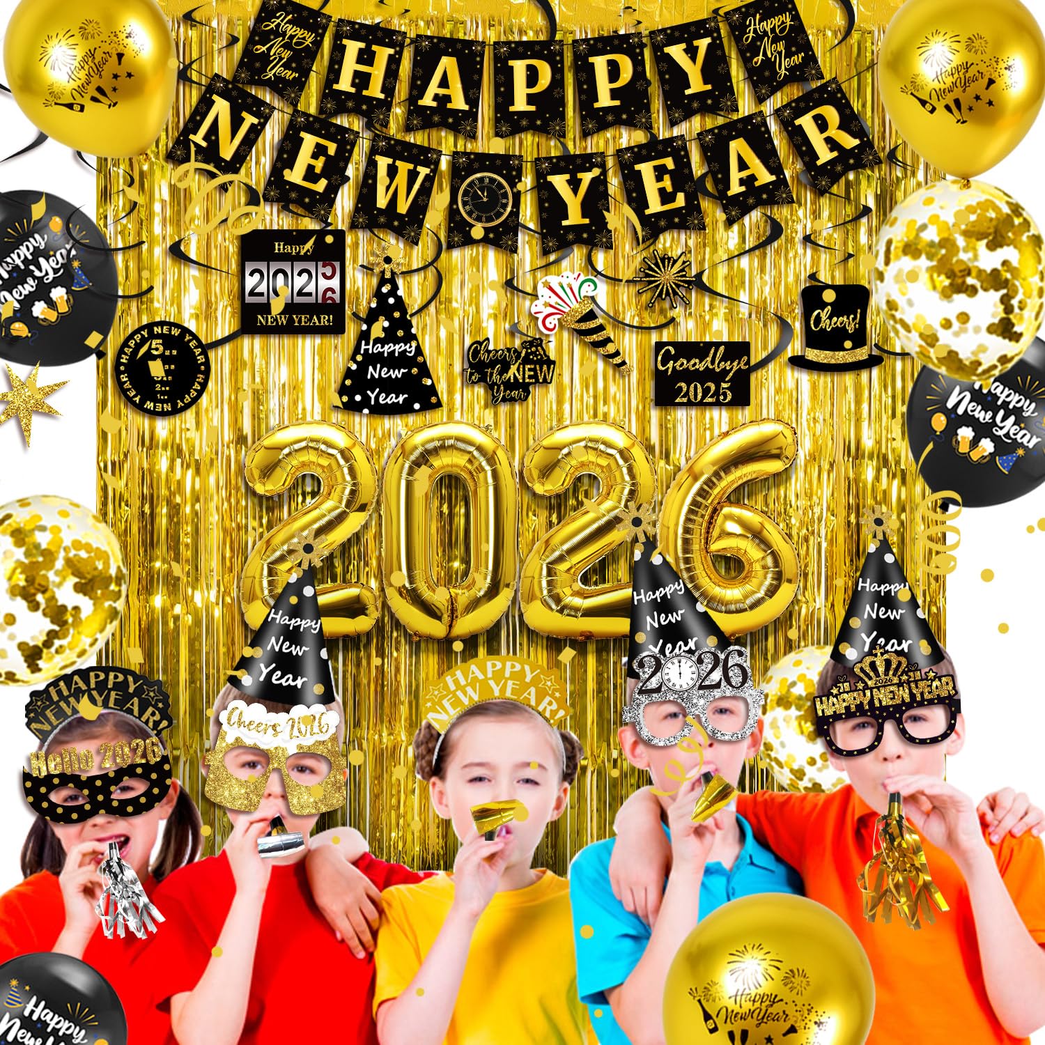 MOVINPE New Year Eve Party Decorations Kit 2026 - Happy New Year Party Supplies, Banner Cone Hats
