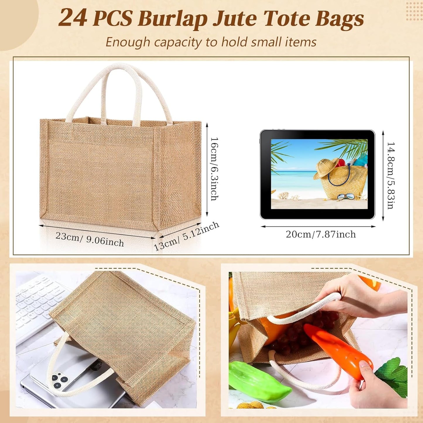 Cunno 24 Pcs Burlap Tote Bag Mini Jute Reusable Waterproof Bag with Handles Small Blank Canvas for Wedding Beach DIY Gift(Classic,9.06 x 6.3 x 5.12)