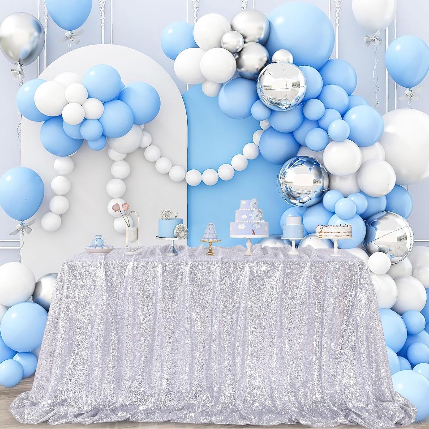 QueenDream Sequin Tablecloth Silver Rectangle Table Cloth - 50x80 Inch Glitter Fabric Overlay for Birthday Wedding Party