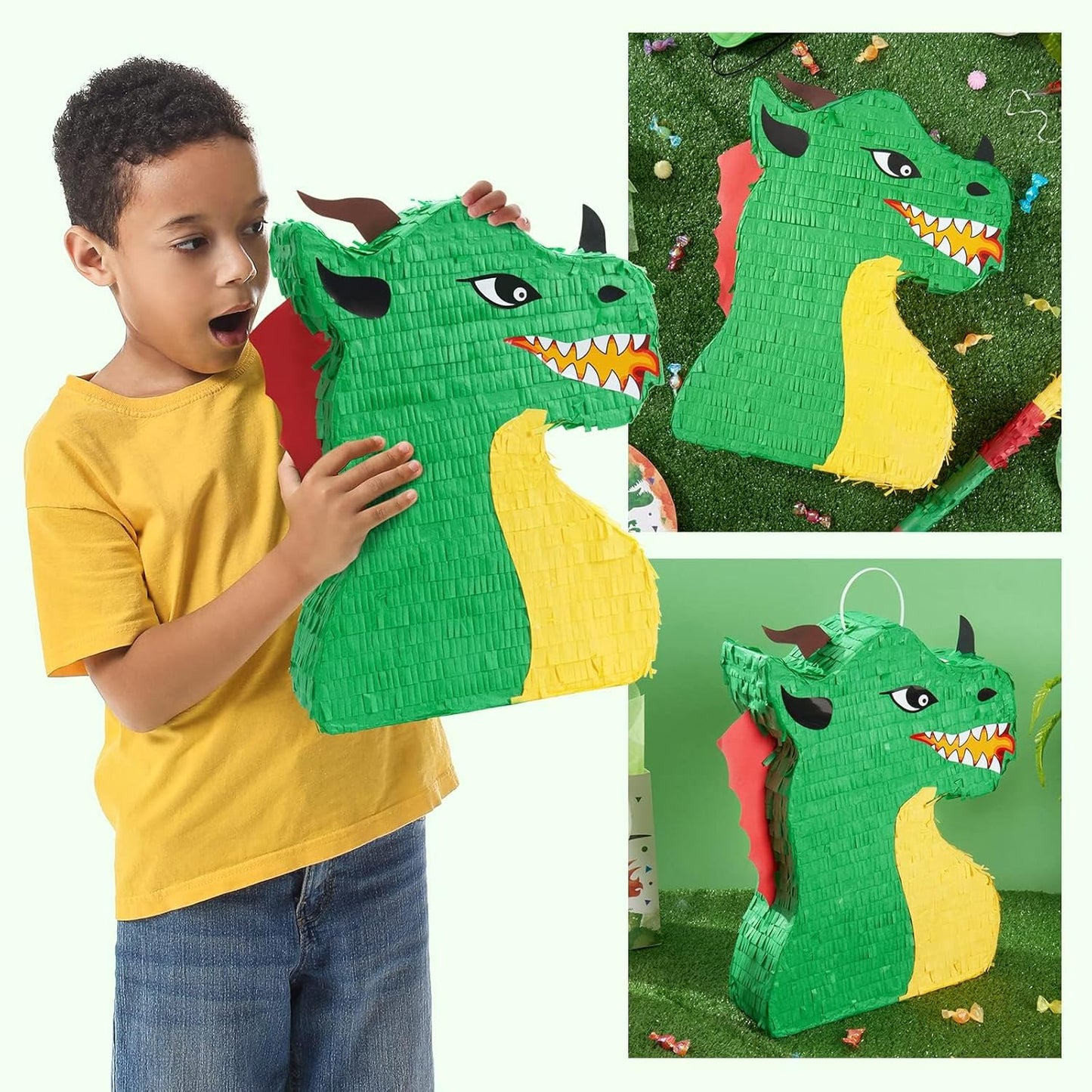 WERNNSAI Dragon Piñata - Dinosaur Party Supplies Dino Piñata Bundle with Blindfold and Stick for Boys Kids Dragon Theme Birthday Party Game Decorations (15.5" x 10" x 3")