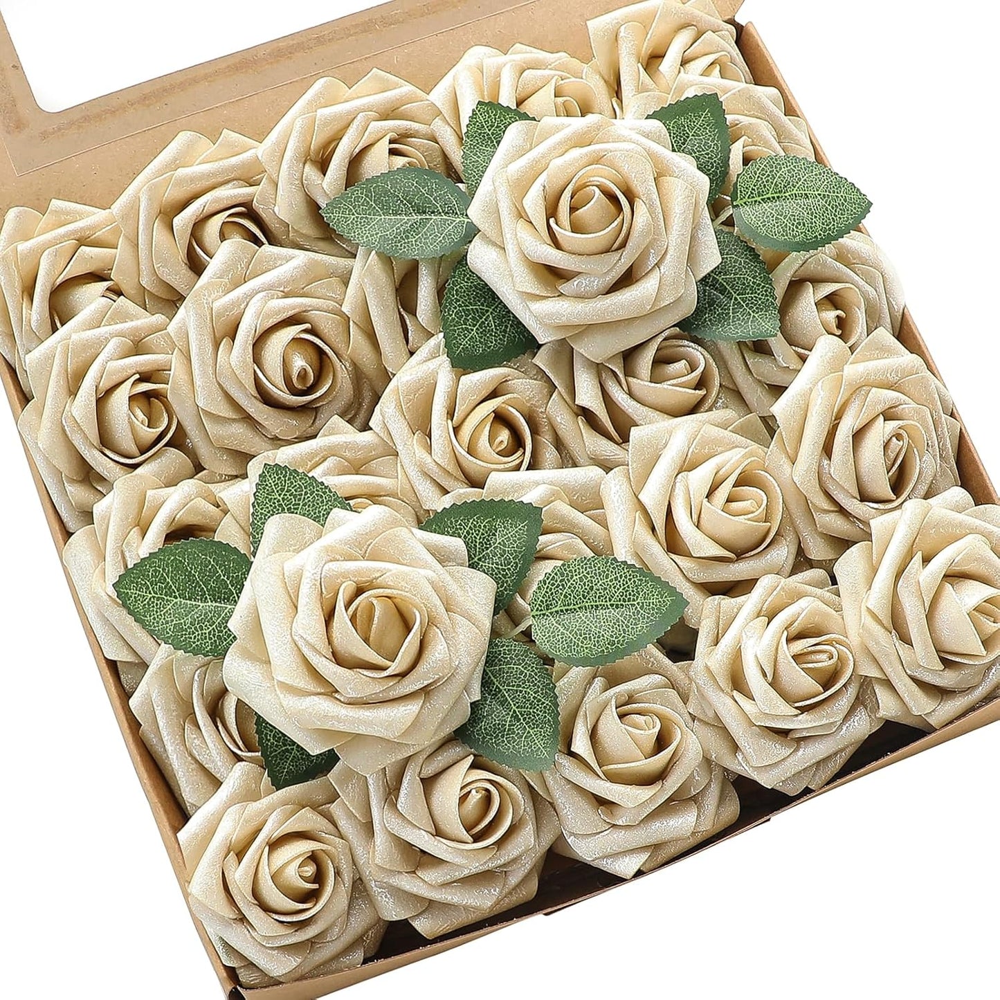 Floroom Artificial Flowers 25pcs Real Looking Champagne Gold Foam Fake Roses with Stems for DIY Wedding Bouquets Bridal Shower Centerpieces Floral Arrangements Party Tables Home Decorations