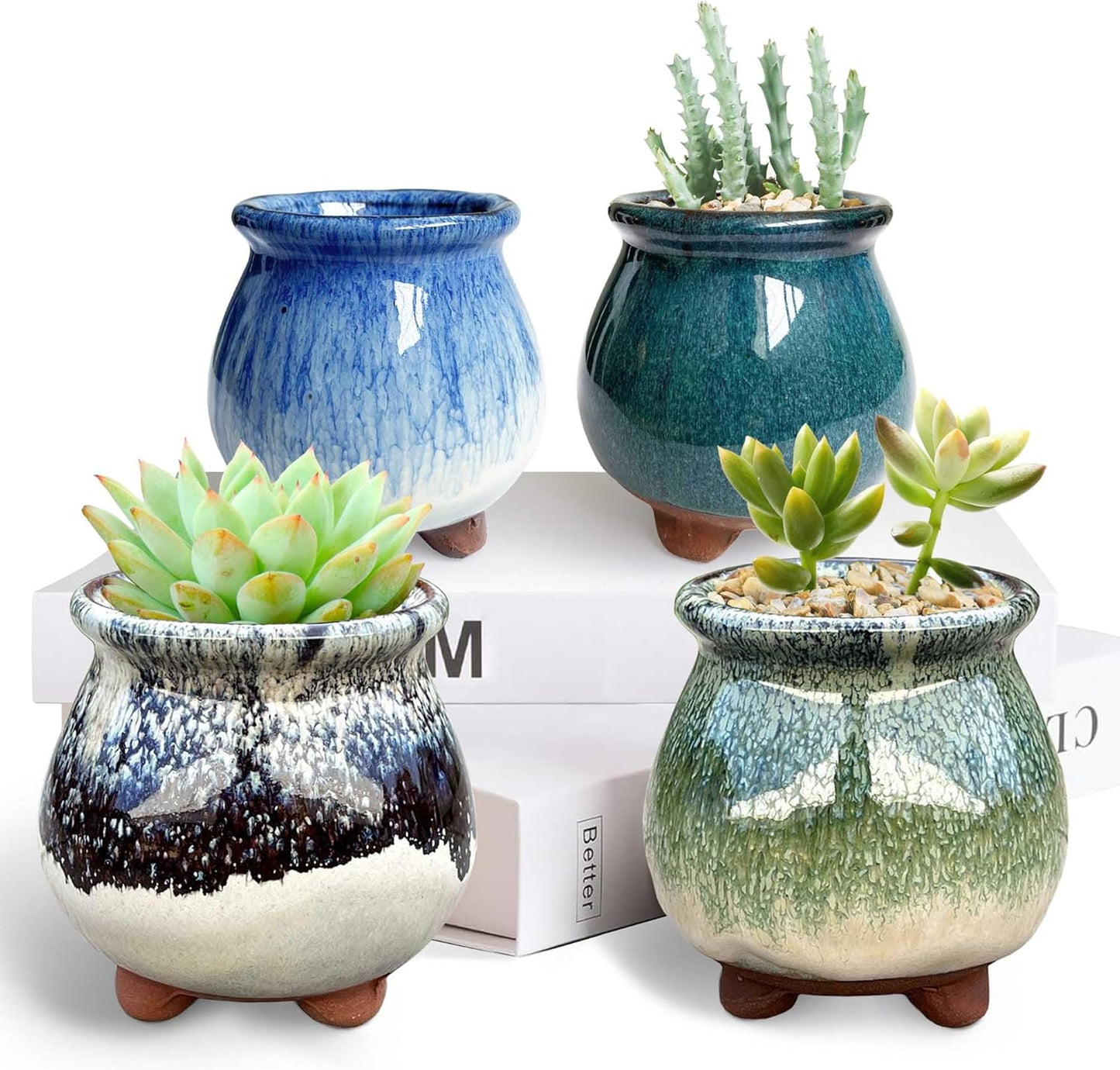3 inch Glaze Handcraft Ceramic Pot Set, Small Cactus Planter with Drainage, Mini Cactus Pots Desk Shelf Decor, Cute Set of 4 Succulent Planter Pots