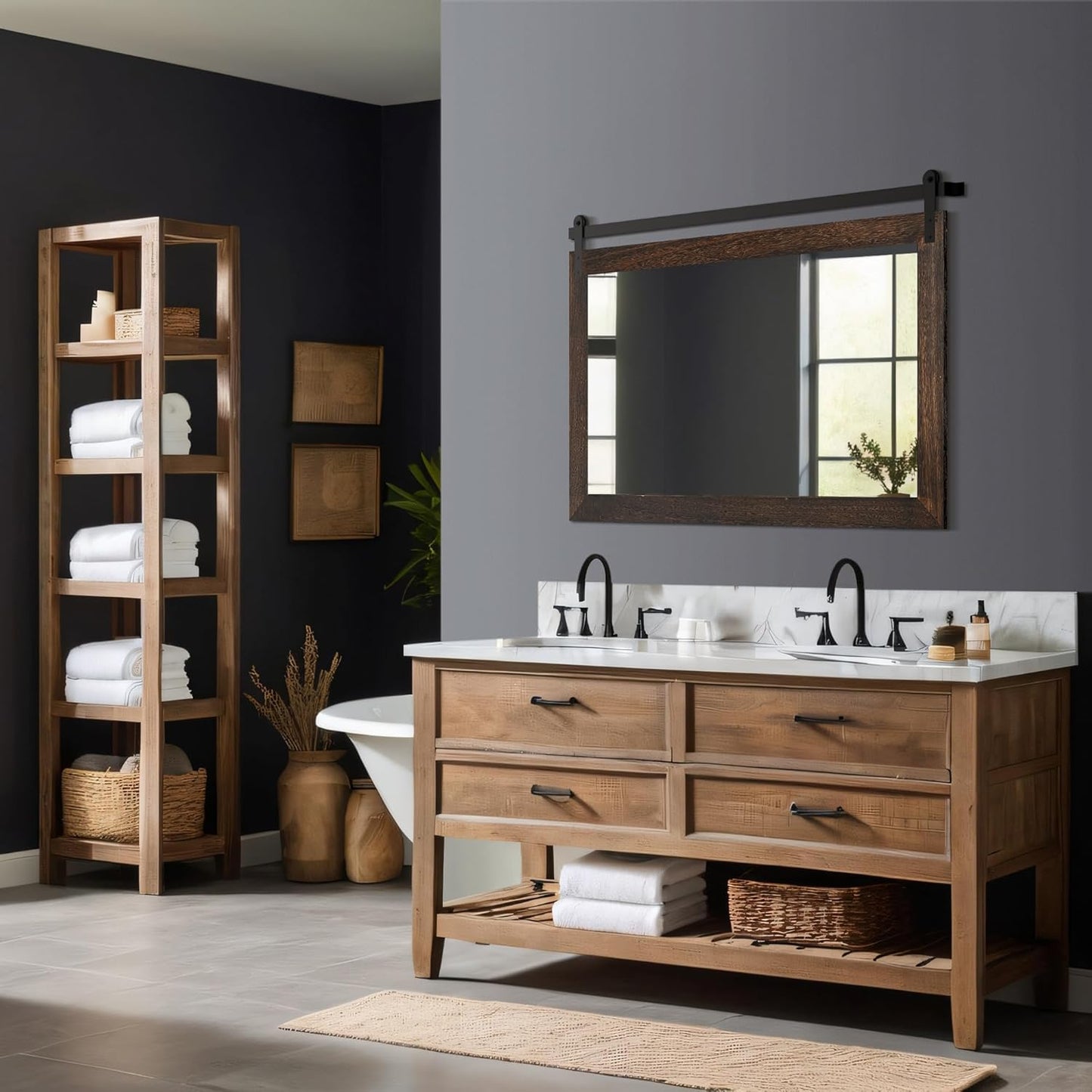 COGOOD Farmhouse Barn Door Mirror - 41 x 26 Rustic Wood Framed Wall Mirror for Bathroom, Living Room, Entryway Wall Decor (Black Brown)