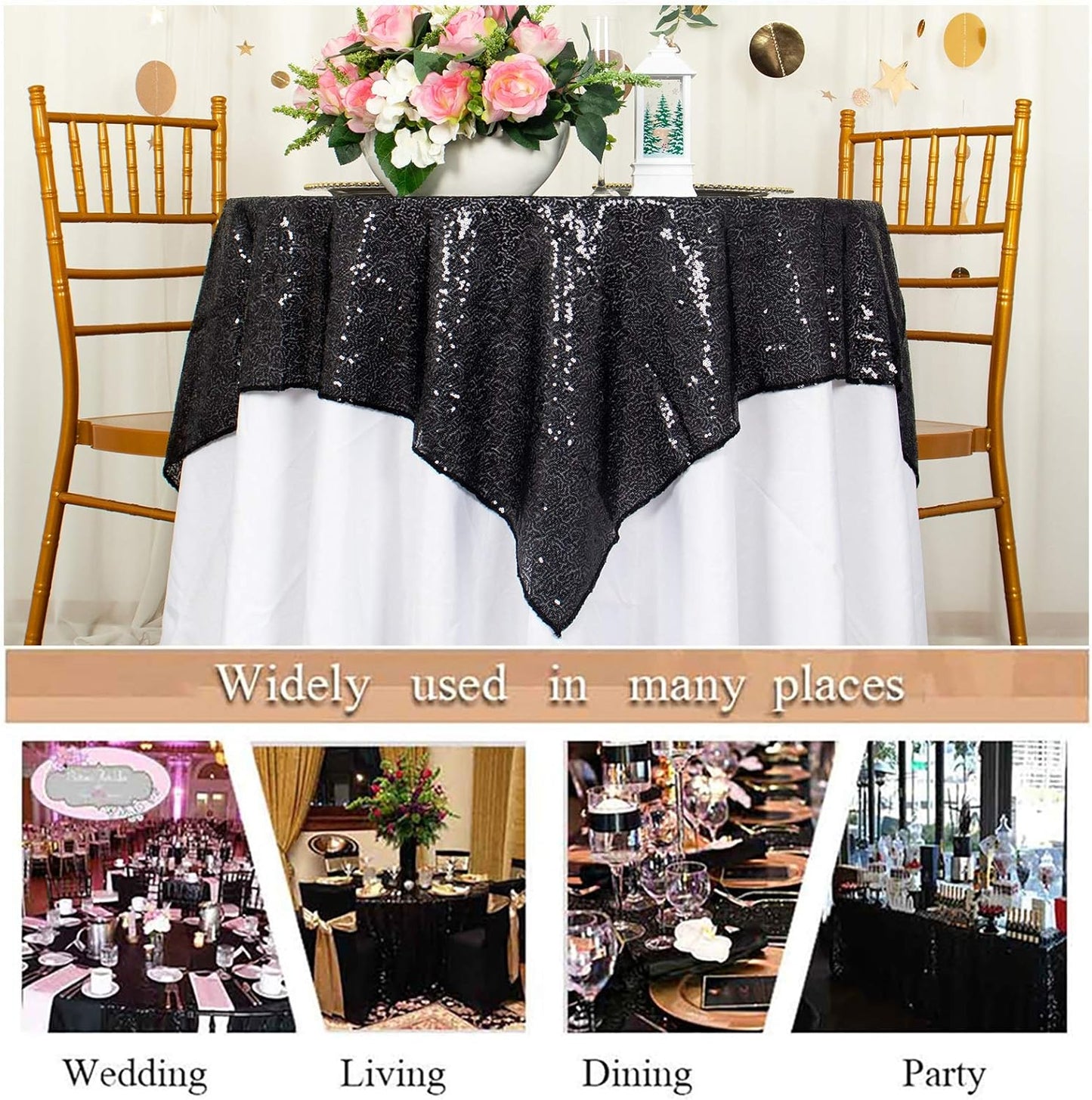 ShinyBeauty Black Tablecloths 36X36 Inch 2 Pieces Sequin Table Cloth for Party Sparkle Table Cloths Square Shimmer Table Overlay Small Wedding Birthday Halloween Tables Linen