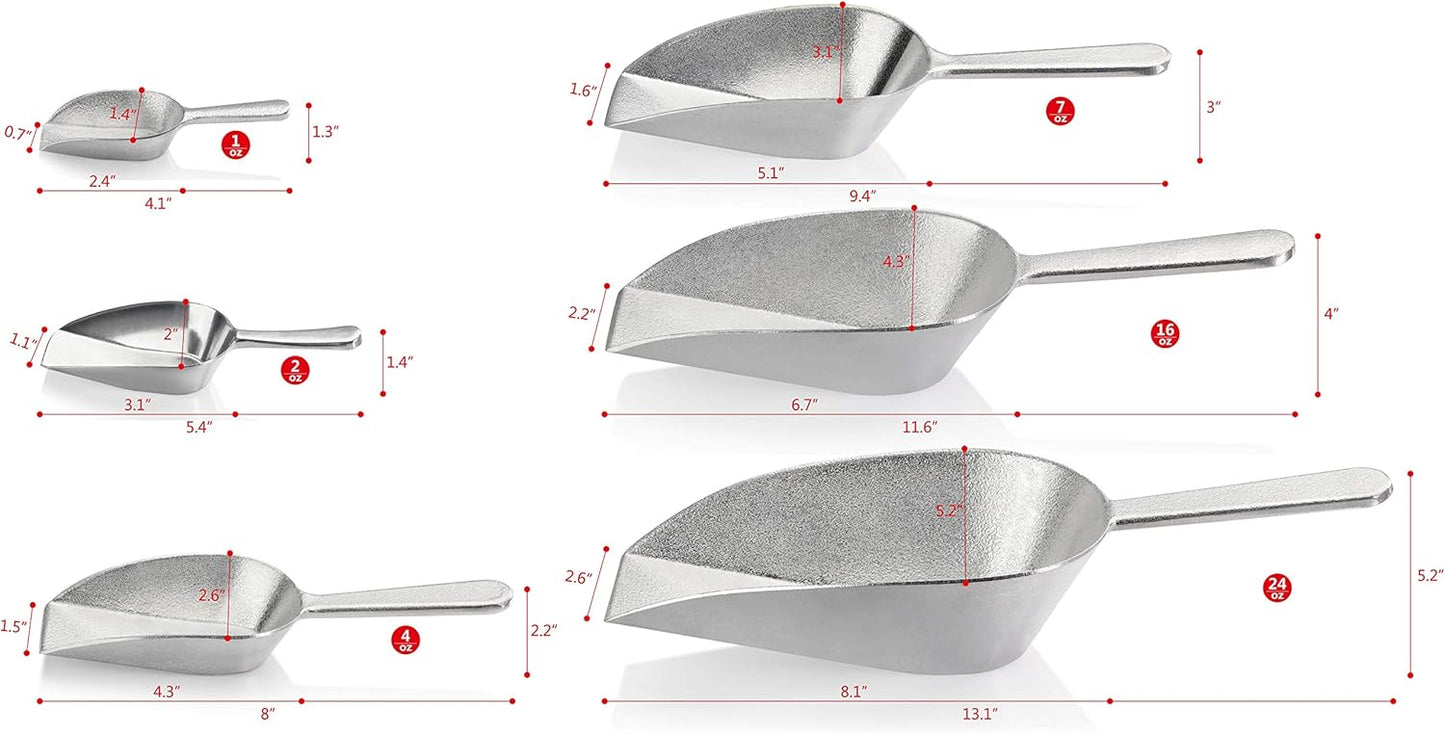 New Star Foodservice 34684 One-Piece Cast Aluminum Flat Bottom Bar Ice Flour Utility Scoop, 7-Ounce, Silver