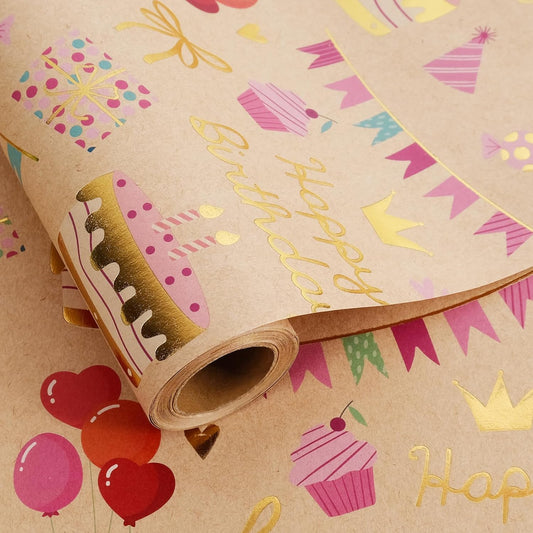 Aimyoo Birthday Wrapping Paper Roll - 17 Inch X 16.4 Feet - Gold Foil Celebration Cake, Gift Box,Happy Birthday Lettering Design Gift Wrap for Kids, Baby Showers