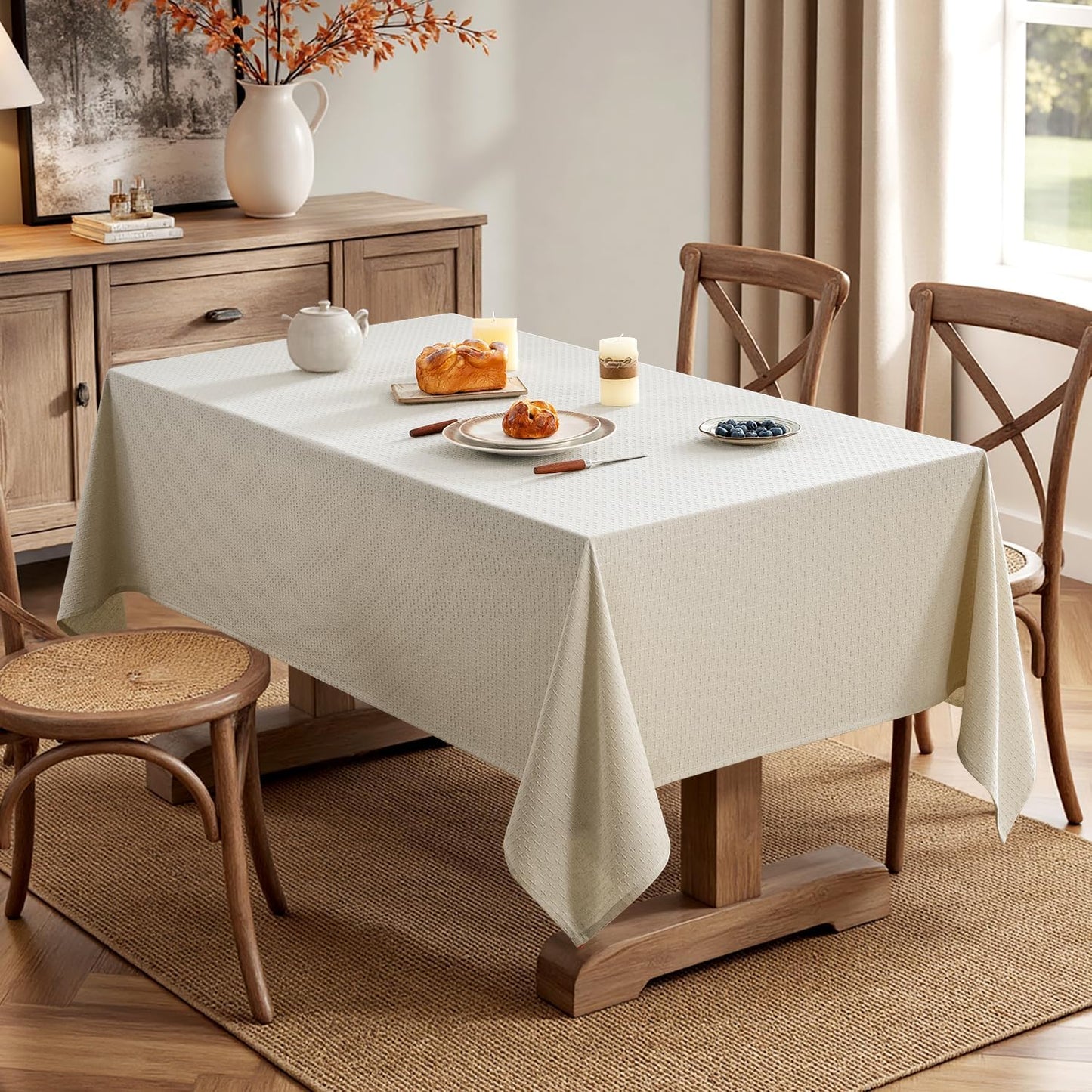 MIULEE Natural Linen Cottton Table Cloth Rectangle Tablecloth Waterproof Spillproof Cross-Star Textured Table Cltoth Decorative Farmhouse Style for Dining Party Weddings 52x70 Inch