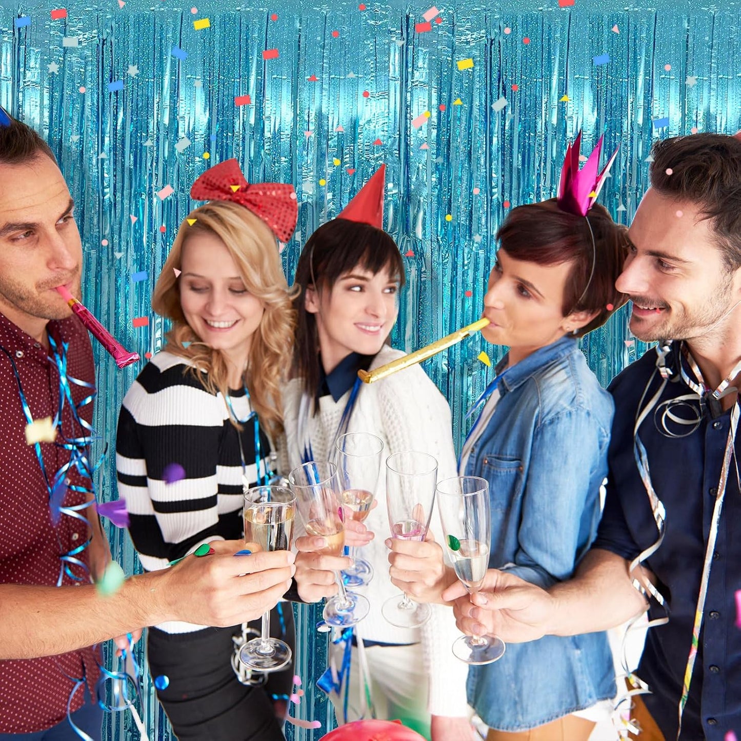 2 Pack Blue Streamers Party Decorations Tinsel Foil Fringe Curtains Photo Booth Celebration Birthday Decorations Ocean Party Decorations