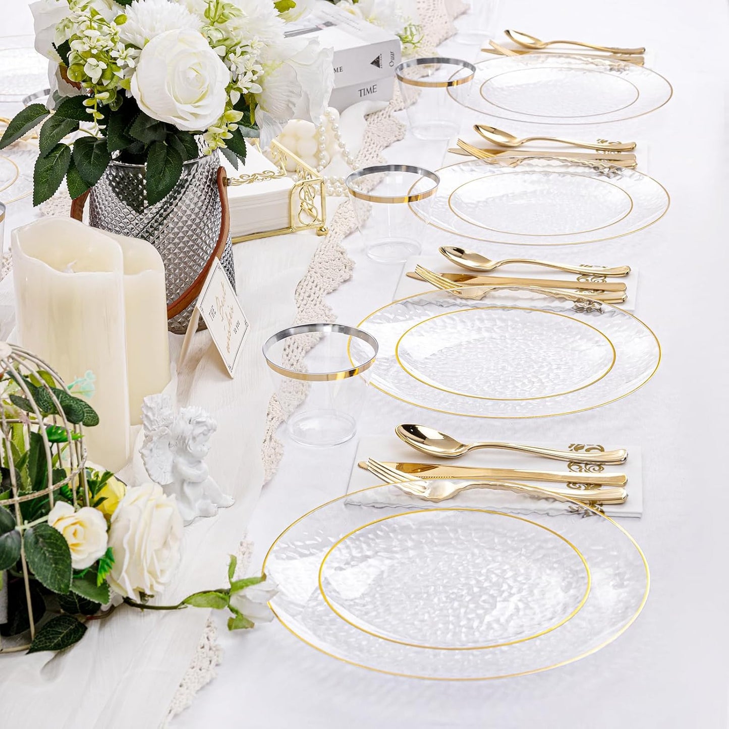Rubtlamp 350 Pcs Clear Gold Plastic Plates, Hammered Disposable Dinnerware, Clear-Gold Plates Set Include 100 Plastic Platos, 150 Gold Disposable Silverware, 50 Cups And 50 Napkins for Party
