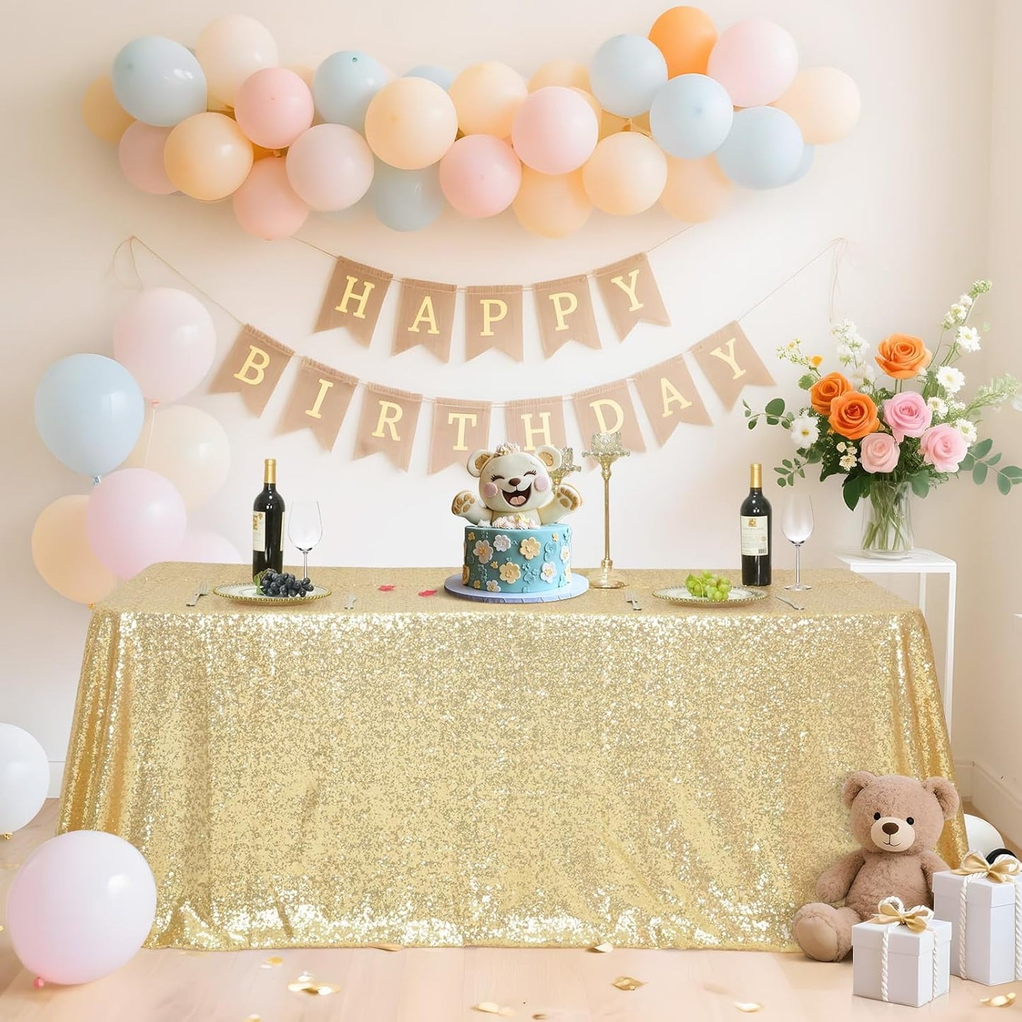 SquarePie Sequin Tablecloth 90 x 132 Inch Light Gold Sparkly Table Cloth for Wedding Party Decoration