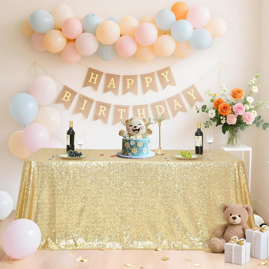 SquarePie Sequin Tablecloth 60 x 102 Inch Light Gold Sparkly Table Cloth for Wedding Party Decoration