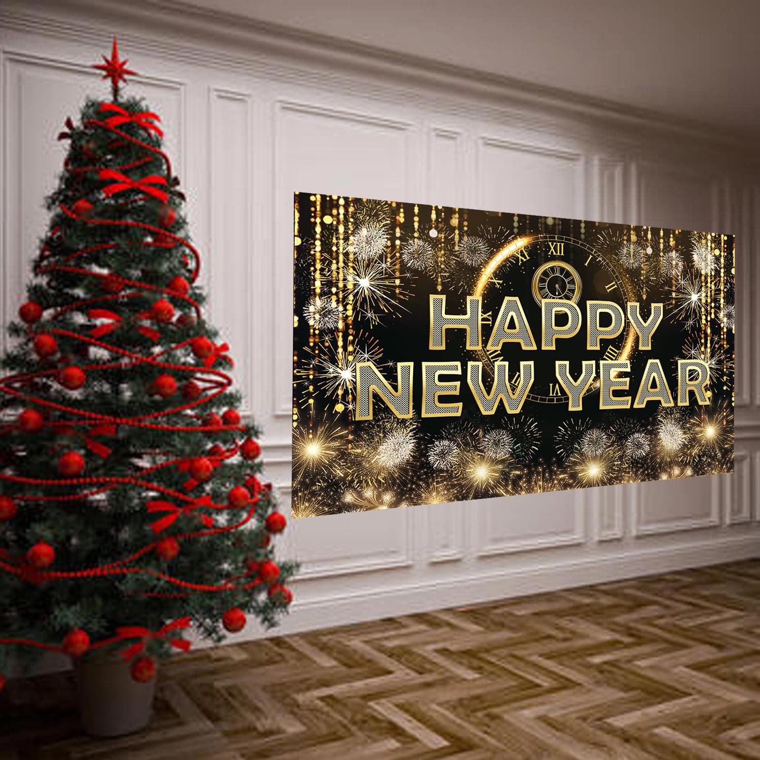 HAPPY NEW YEAR Hanging Extra Large Fabric Sign Poster Black Background Banner with Firework Pattern