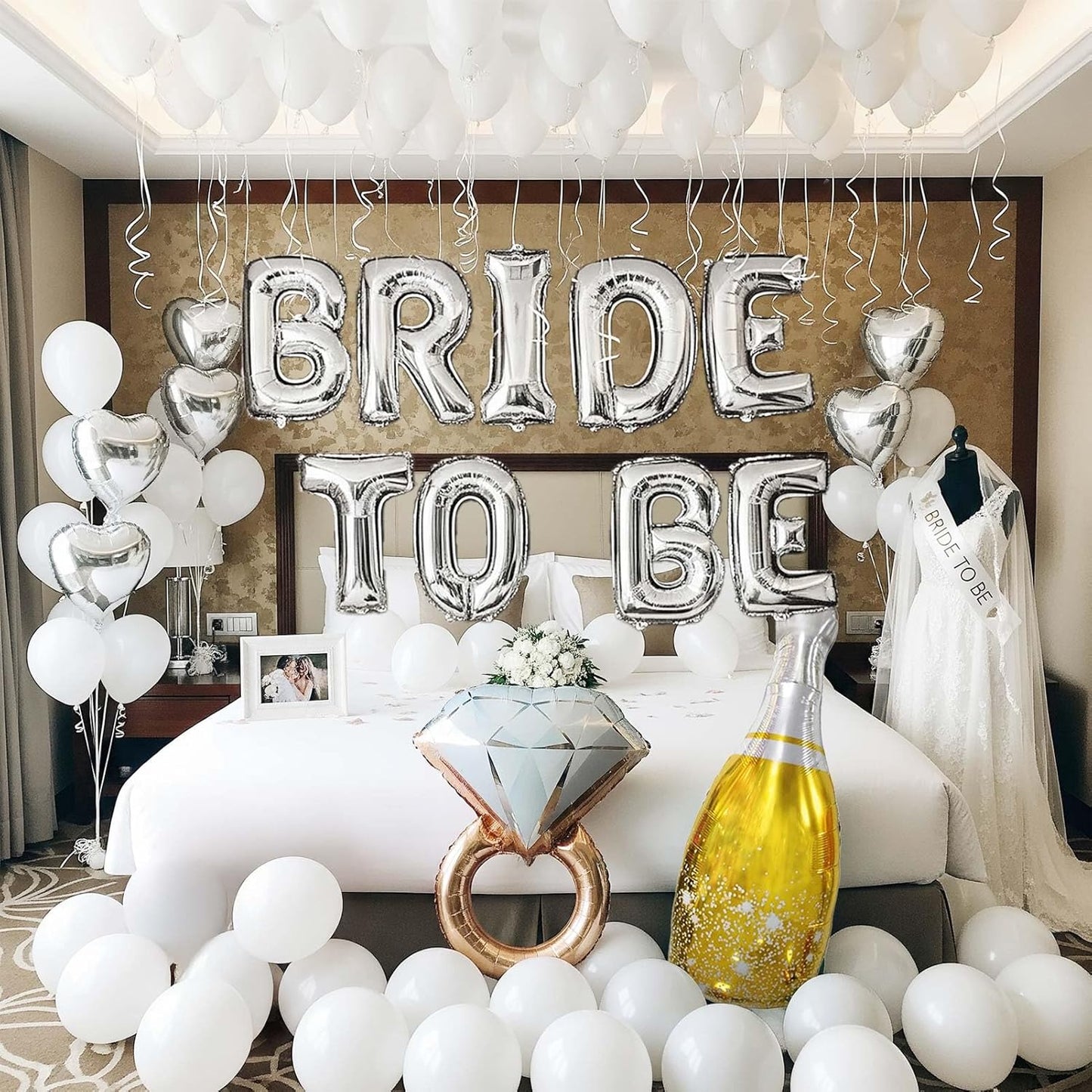 Silver Decorations pearl White balloons Bridal Veil BRIDE TO BE Balloons Sash with Diamond Ring Heart Champagne Balloons Bridal Veil for Bachelorette Party Decor Bride To Be Bridal Shower