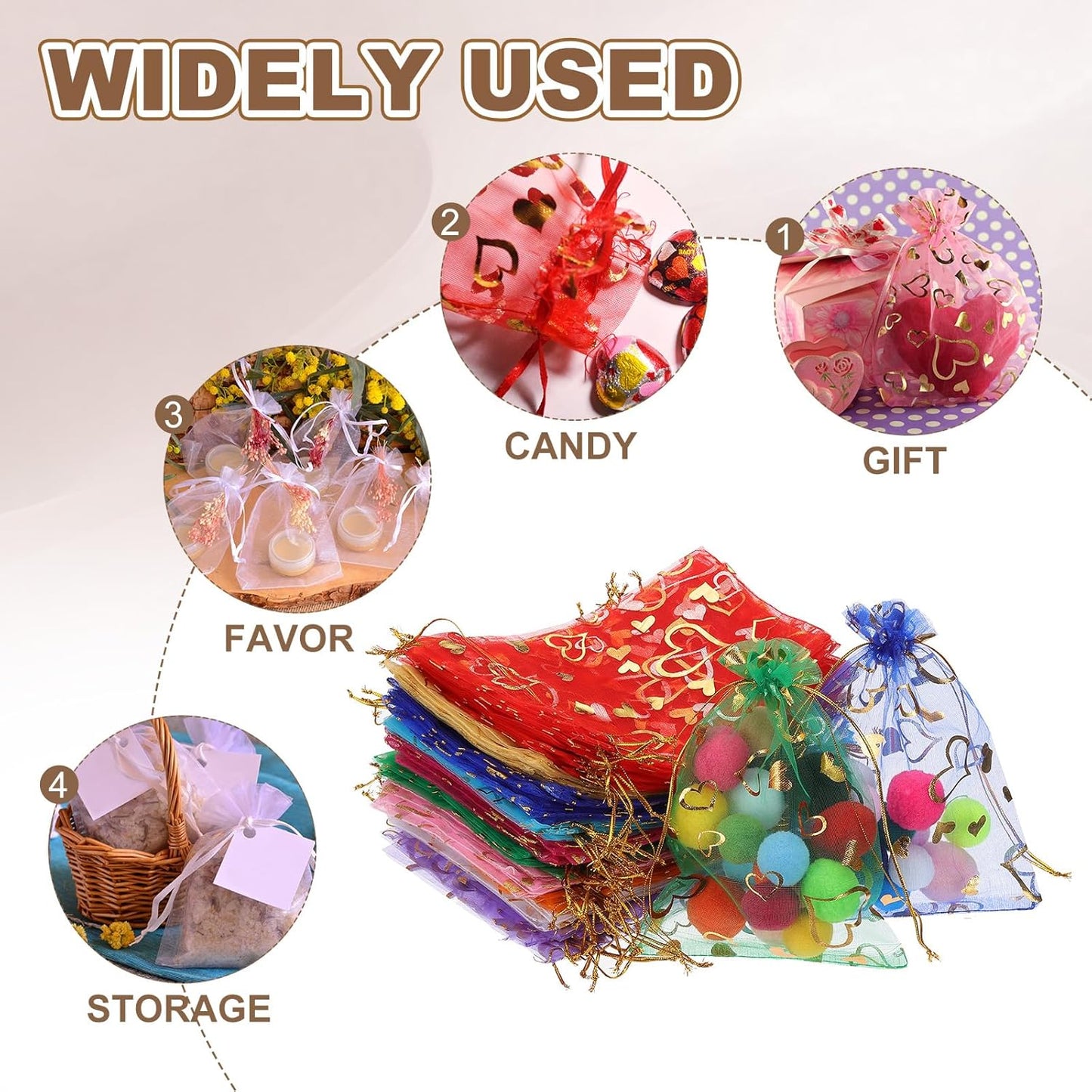 PATIKIL 50 Pcs 4x6 Inch Heart Printed Organza Bags, Red Sheer Heart Organza Bags with Drawstring for Festival Candy Jewelry Party Wedding Favor Gift