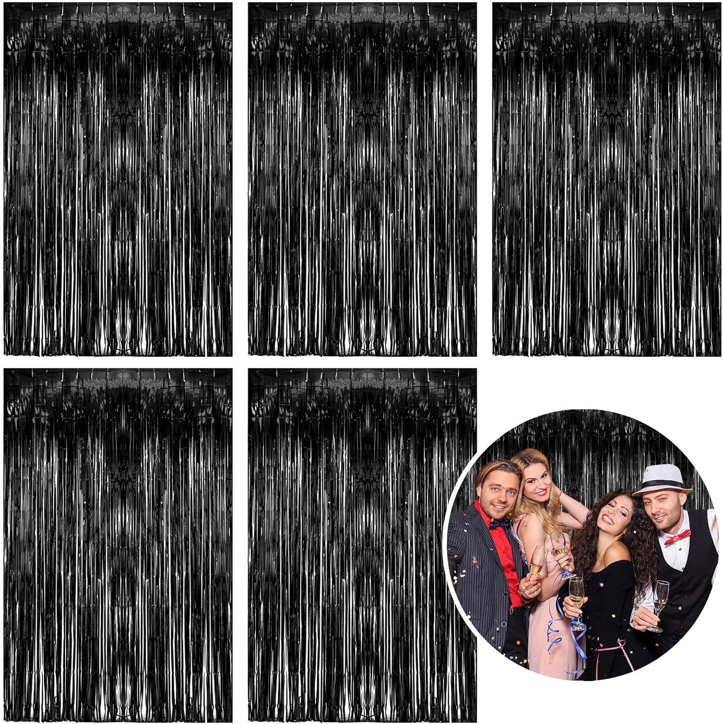 5 Pack Foil Curtain Backdrop Black Metallic Tinsel Foil Fringe Curtains Photo Booth Props for Birthday Wedding Engagement Baby Shower Bachelorette Christmas Holiday Celebration Party Decorations