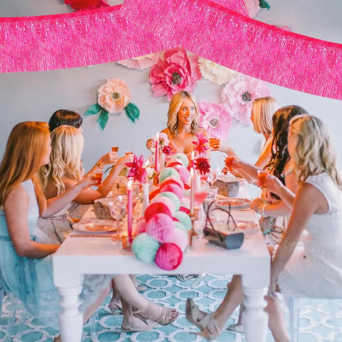 BEISHIDA 3 Packs Metallic Foil Fringe Garland Shining Dark Pink Wall Hanging Tinsel Fringe Banners for Car Floats Bridal Shower Wedding Birthday Easter Graduation Holiday Party Decoration(30 Feet)