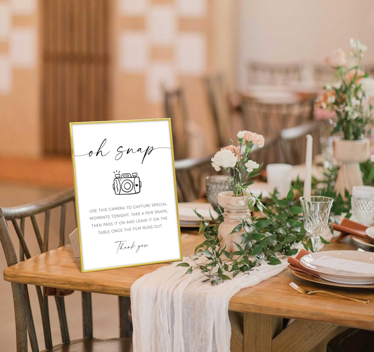 Oh Snap Sign, Wedding Disposable Camera Sign, Engagement Party Desk Decor for Guest book Alternative, Bridal Shower and Wedding Reception, Wedding Party Favors, Gold Frame Wedding Signs with Stand,6