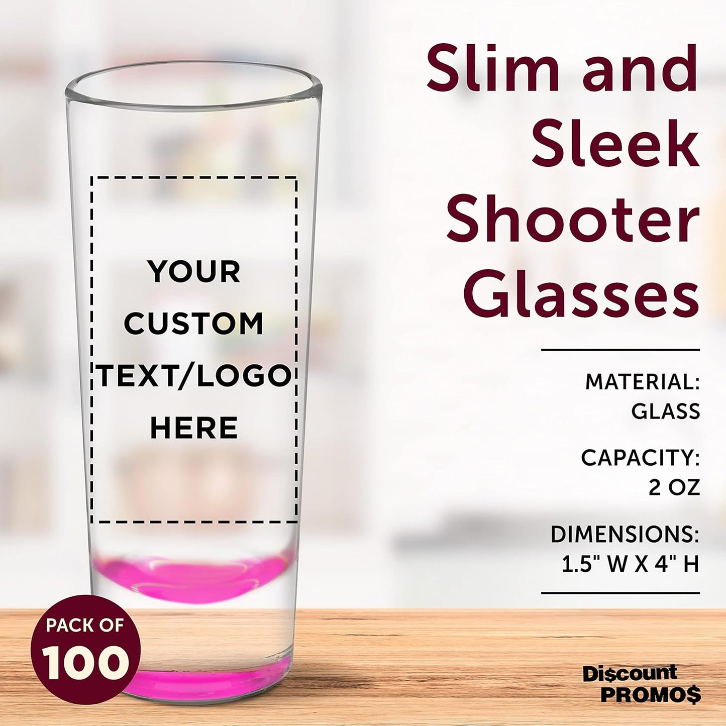 Custom Cordial Shooter Shot Glasses 2 oz. Set of 100, Personalized Bulk Pack - Great for Birthdays, Parties, Indoor & Outdoor Events - Pink
