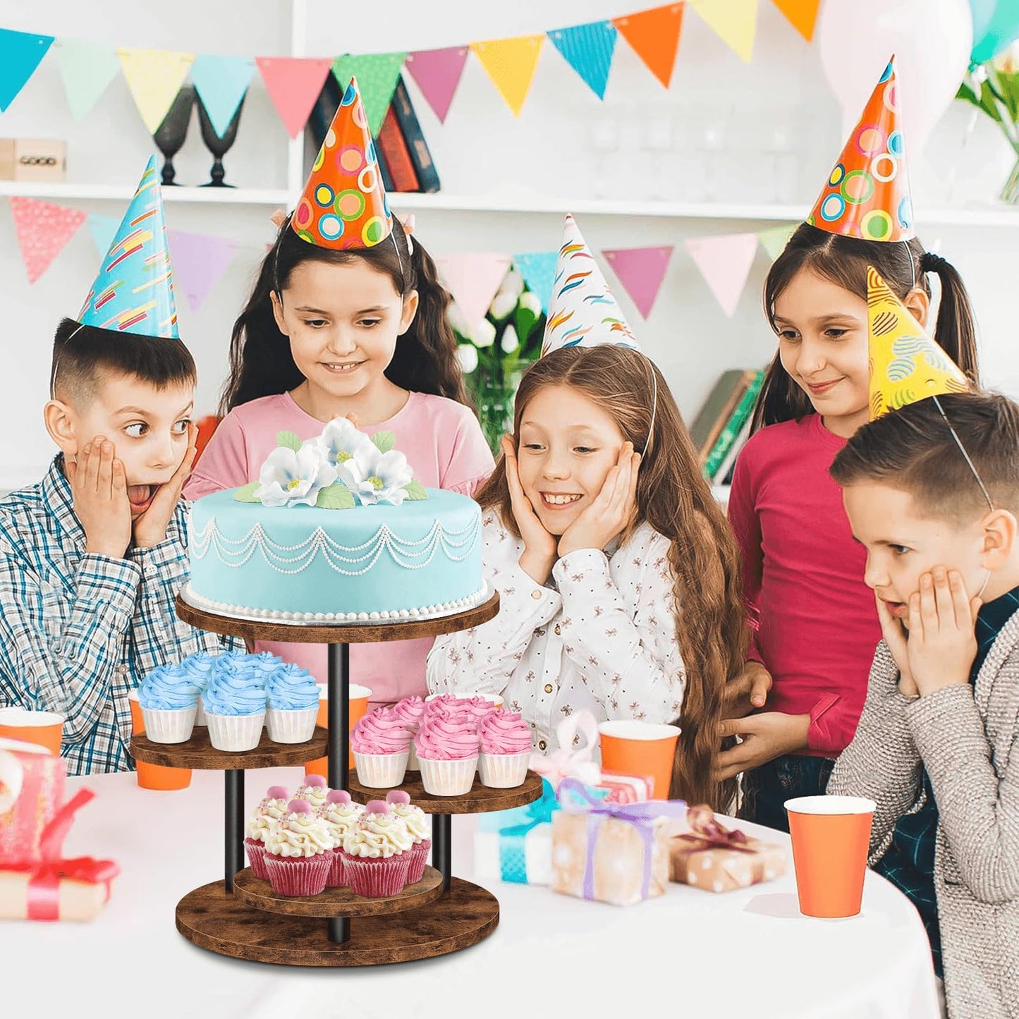 ELITEROO 4 Tier Round Cupcake Tower Stand for 50 Cupcakes, 360° Rotating Wood Cake Stand with