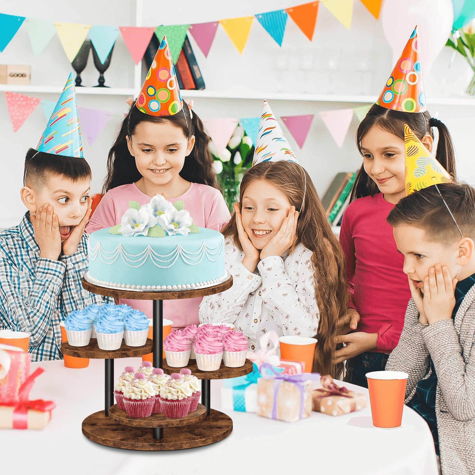 ELITEROO 4 Tier Round Cupcake Tower Stand for 50 Cupcakes, 360° Rotating Wood Cake Stand with