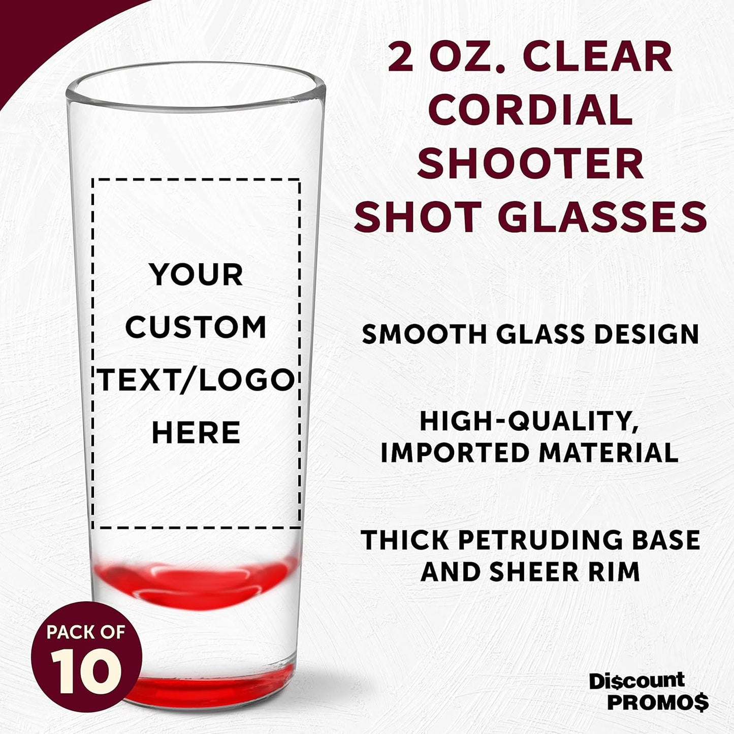 Custom Cordial Shooter Shot Glasses 2 oz. Set of 10, Personalized Bulk Pack - Great for Birthdays, Parties, Indoor & Outdoor Events - Red