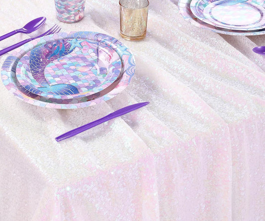 QueenDream Sparkly Sequin Tablecloth - White Iridescent Table Cloth 50x80 Inches Rectangle Table Overlay Fabric for Birthday Parties Baby Shower Decoration