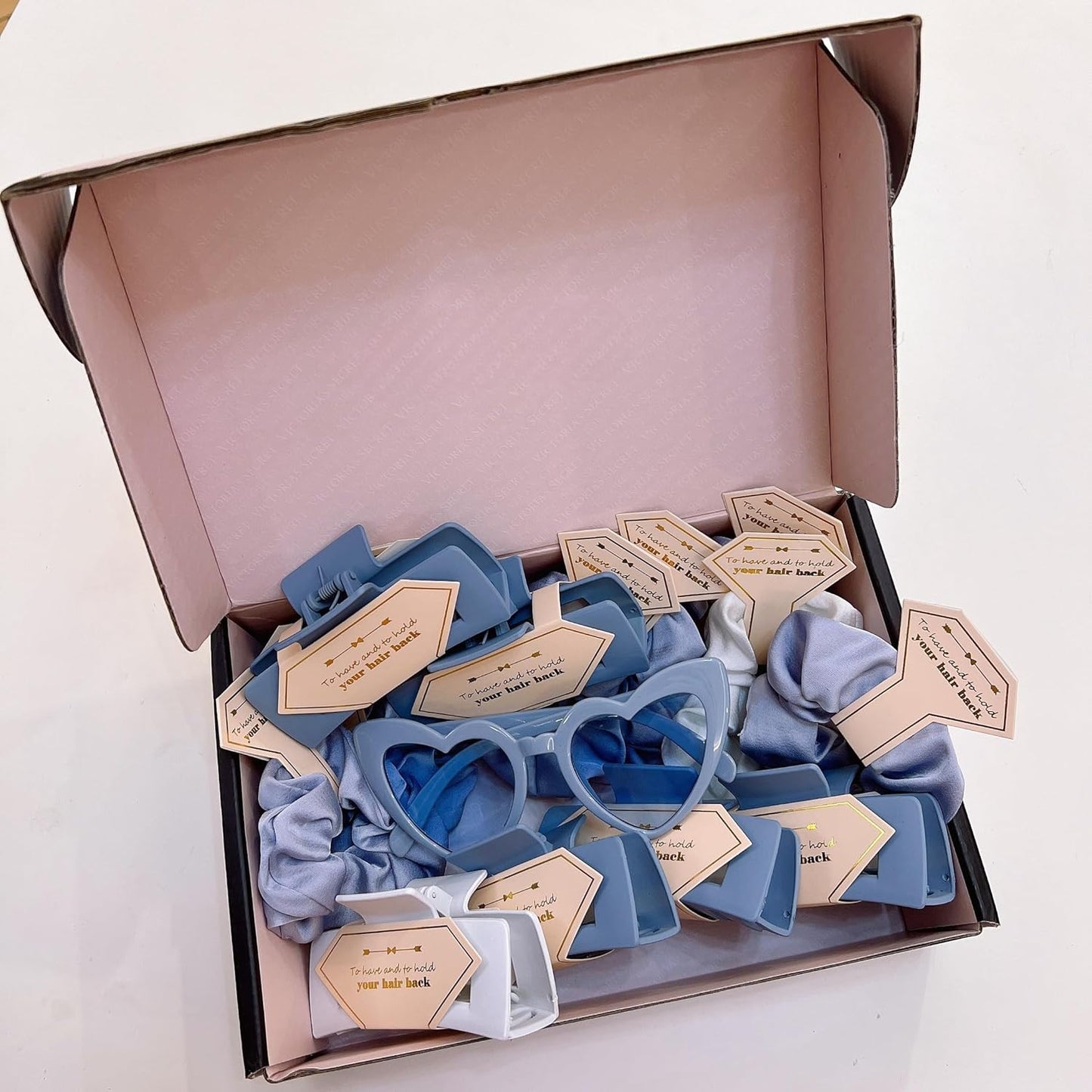 Bridesmaid Scrunchies Proposal Gifts Bachelorette Hair Claws Clips Girls heart sunglasses for Wedding Party Favors (40, White&Dusty Blue box)