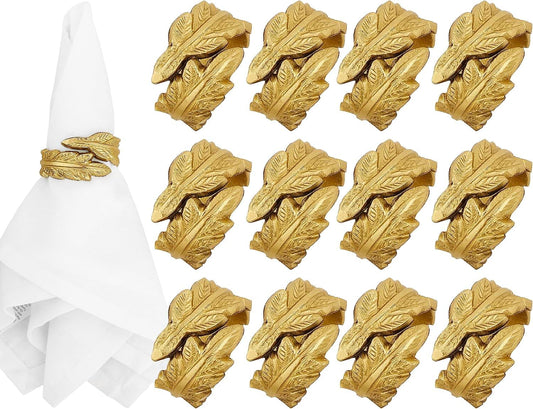 Gold Leaf Napkin Rings Set of 12 - Round Metal Napkin Holders for Dining Table Settings - Elegant Leaf Design for Weddings, Parties, Holiday Décor, Family Dinners & Special Occasions - CLEENTABLE