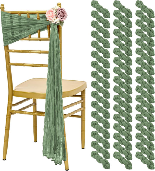 50 PCS Cheesecloth Chair Sashes, Bows Designed ChairSashes, 15.7x108 inch Chair Sashes for Aisle Decorations Universal Chairs Cover Decoration for Wedding Reception Party Banquet (Sage Green)