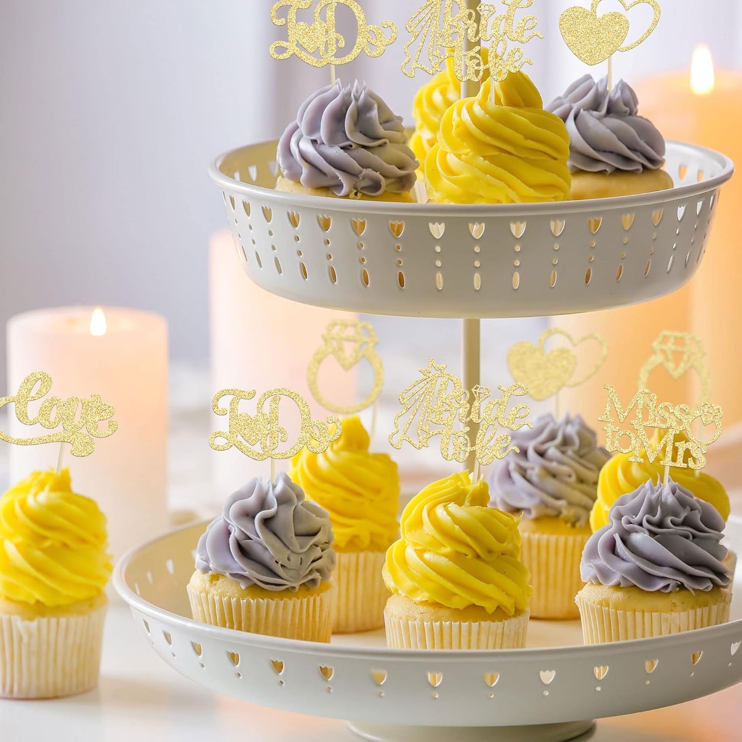 Gyufise 24Pcs Bride to Be Cupcake Toppers Gold Glitter I Do Love Heart Ring Miss To Mrs Cupcake Picks Bridal Shower Cake Decorations for Wedding Engagement Bachelorette Party Supplies
