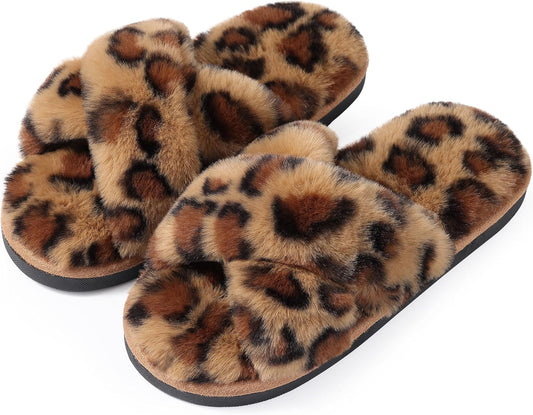 Evshine Women's Fuzzy Slippers Cross Band Memory Foam House Slippers Open Toe