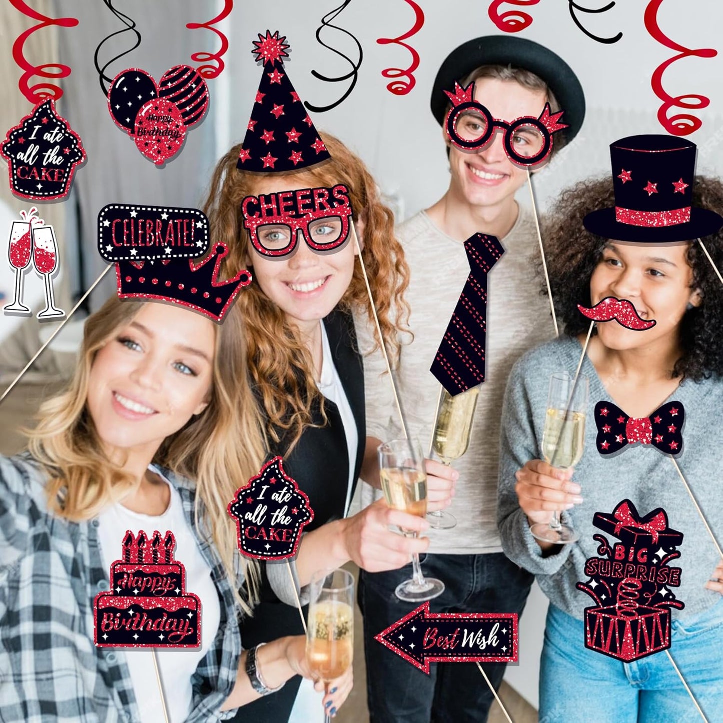 36 PCS Birthday Photo Booth Props Party Supplies Holiday Picture Decorations Photo Booth Props for Birthday Party Favors Pose Sign Kit Fun for Party (Red)