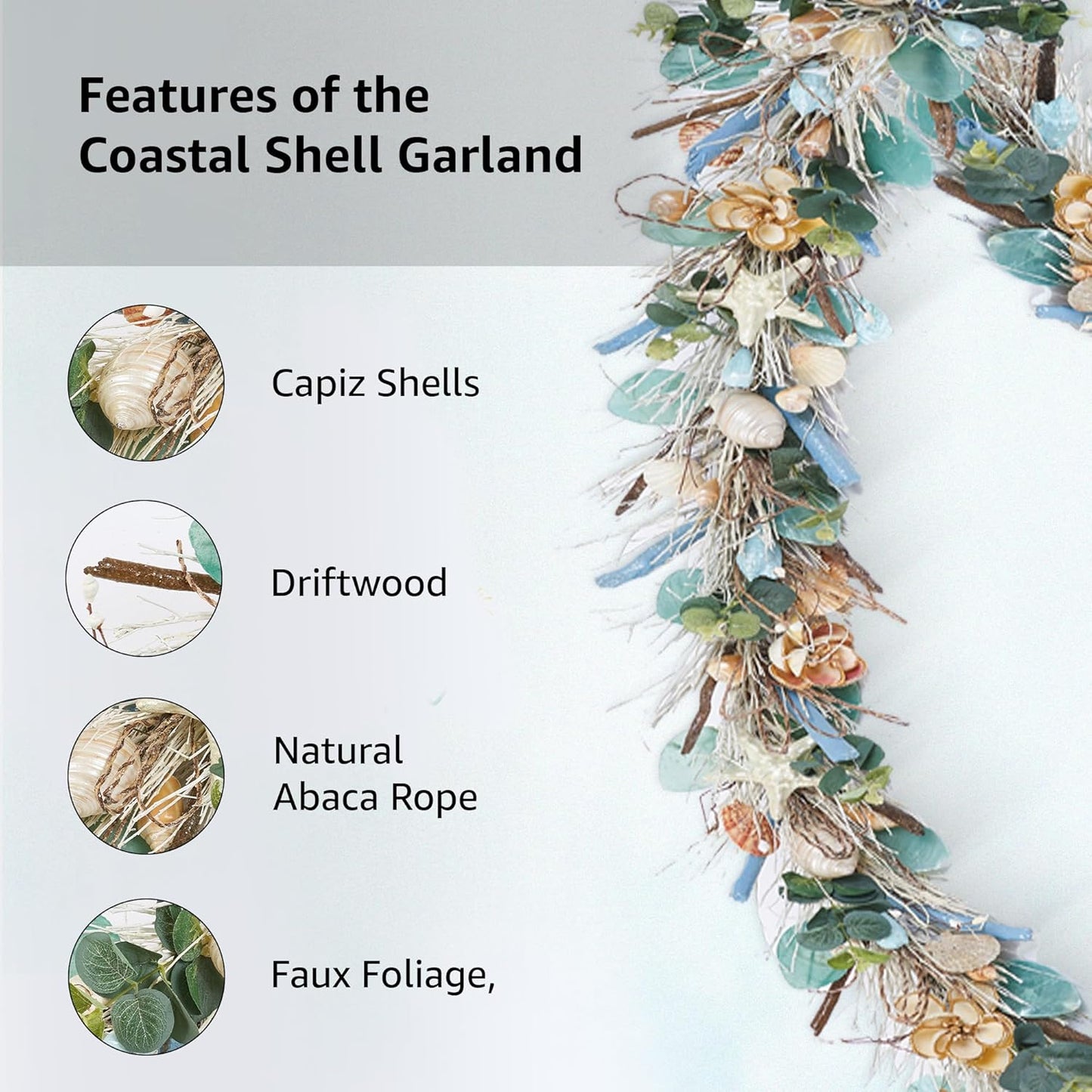5' Coastal Shell Garland – Handcrafted Holiday Tree Wall Decor with Capiz Shells, Driftwood & Twigs – Coastal Elegance for Home, Mantle Decor, Bedroom, Dining & Doorway