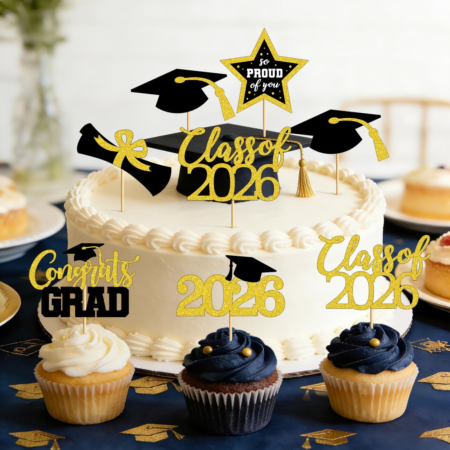 48 PCS Graduation Cupcake Toppers, 6 Styles Congrats Grad Cake Topper, Black and Gold Graduation