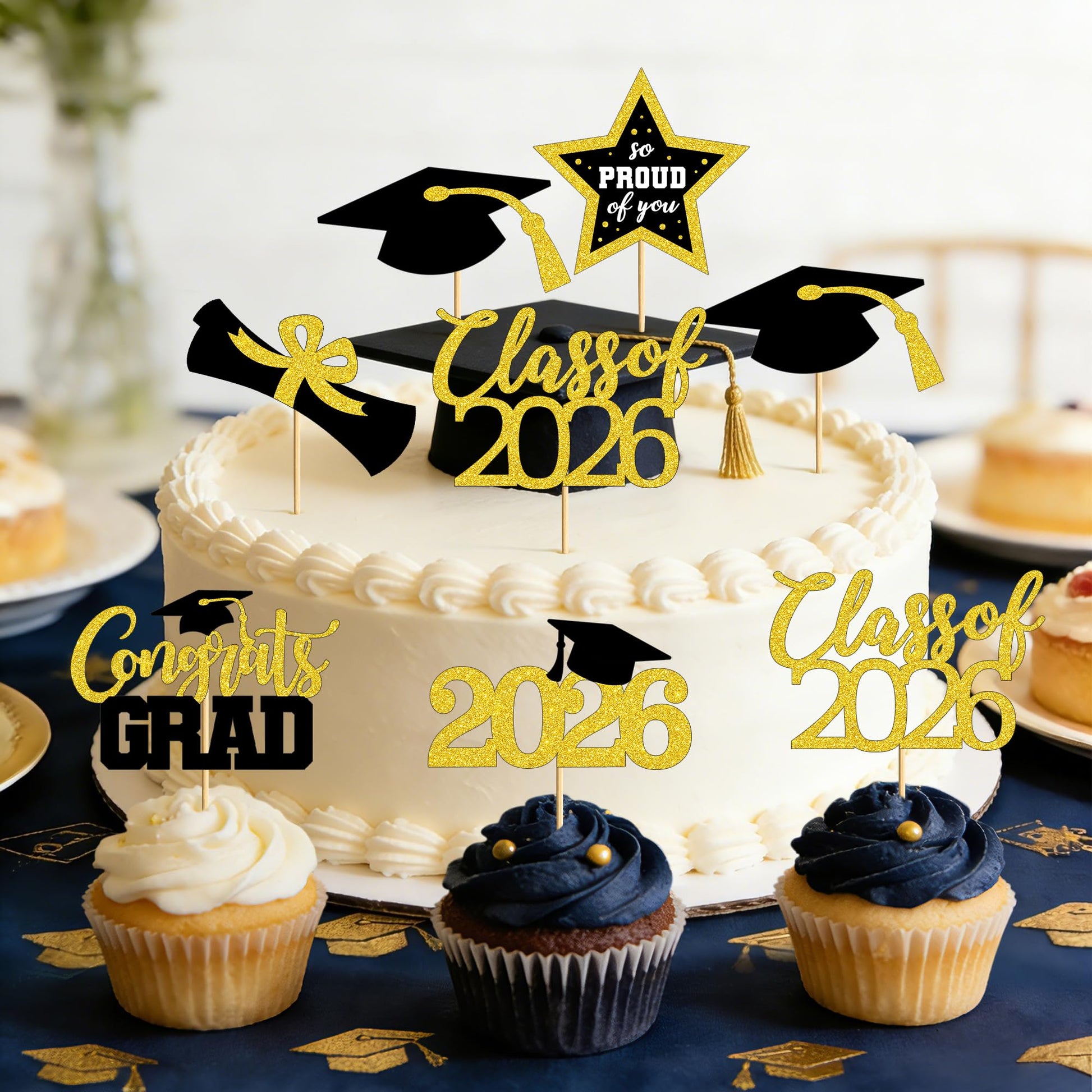 48 PCS Graduation Cupcake Toppers, 6 Styles Congrats Grad Cake Topper, Black and Gold Graduation