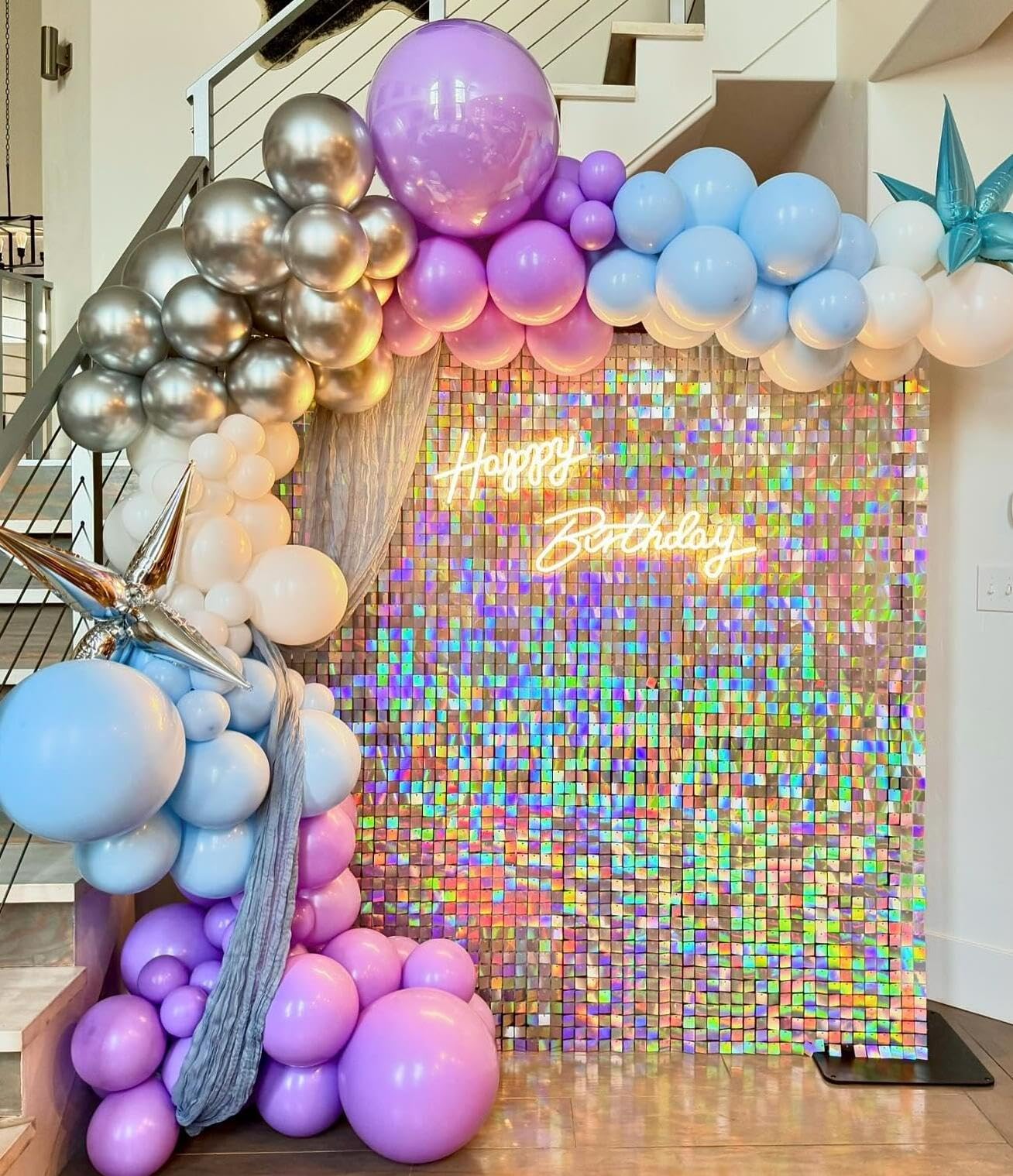 Shimmer Wall Backdrop Iridescent Silver Wall Panels 12Pcs Square Sequin Shimmer Wall Backdrop