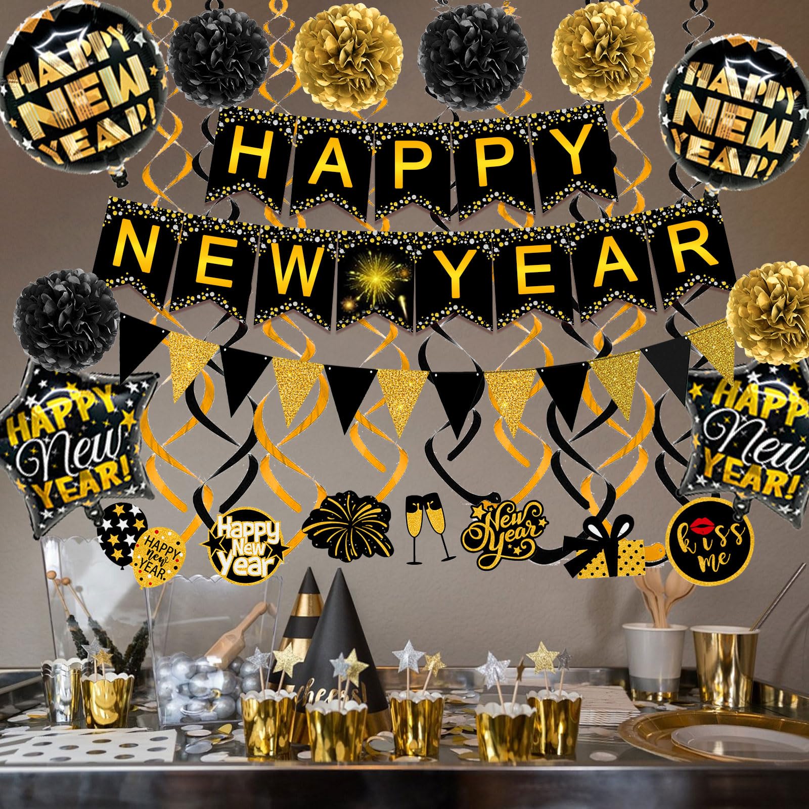 Famoby Happy New Year Paper Banner Triangle Flag Bunting Pom poms Swirls Streamers & Balloons for