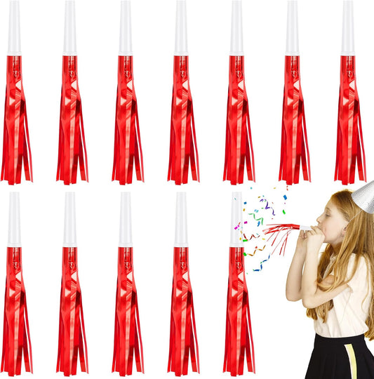 12 Pcs Glitter Noise Makers Metallic Fringed Party Blower for Adults Birthday Graduation New Years Party Favors Supplies (Red)