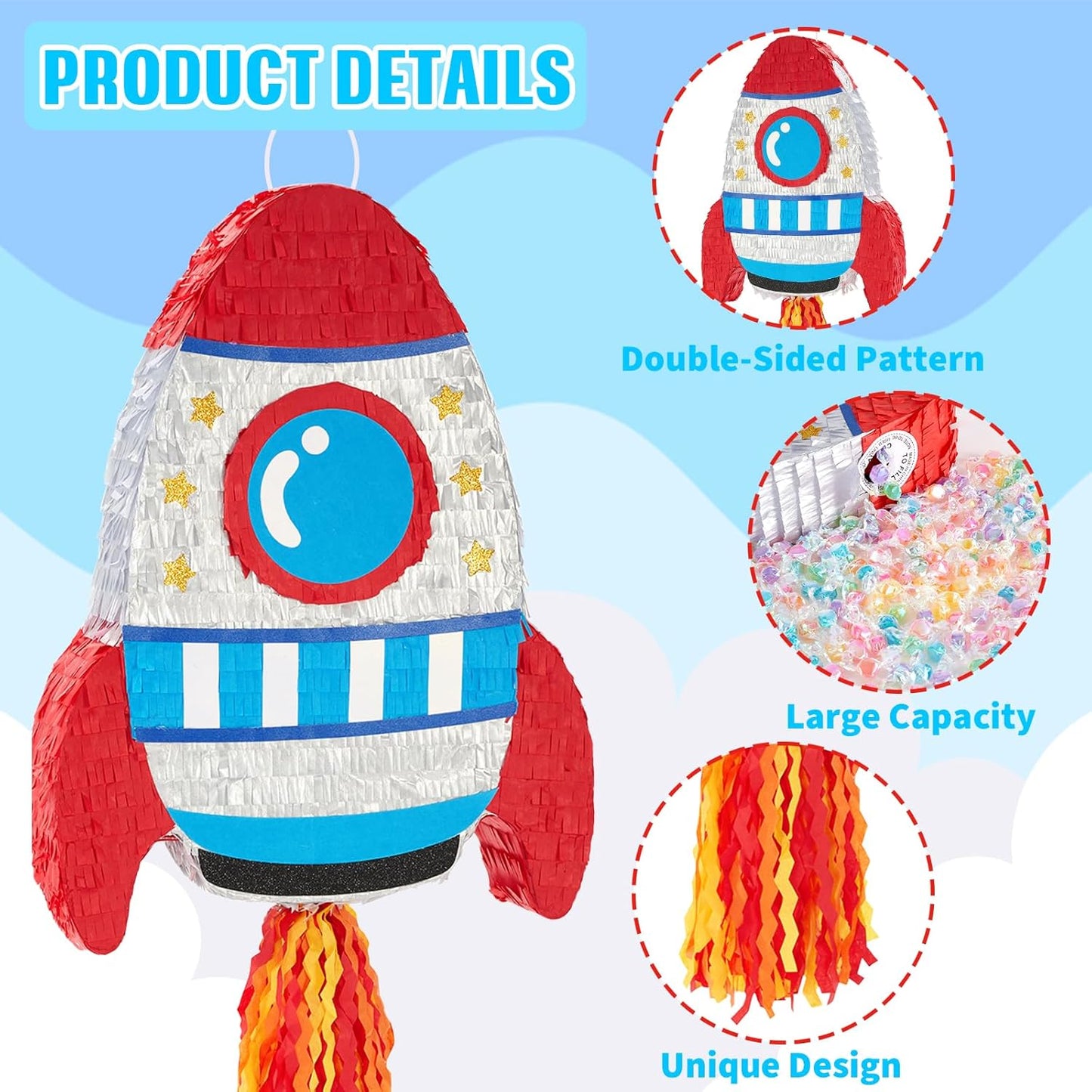 WERNNSAI Rocket Piñata - Rocket Ship Pinata Bundle with Blindfold and Bat Space Birthday Party Decoration for Boys Kids Family Games Piñata Space Ship Theme Party Supplies