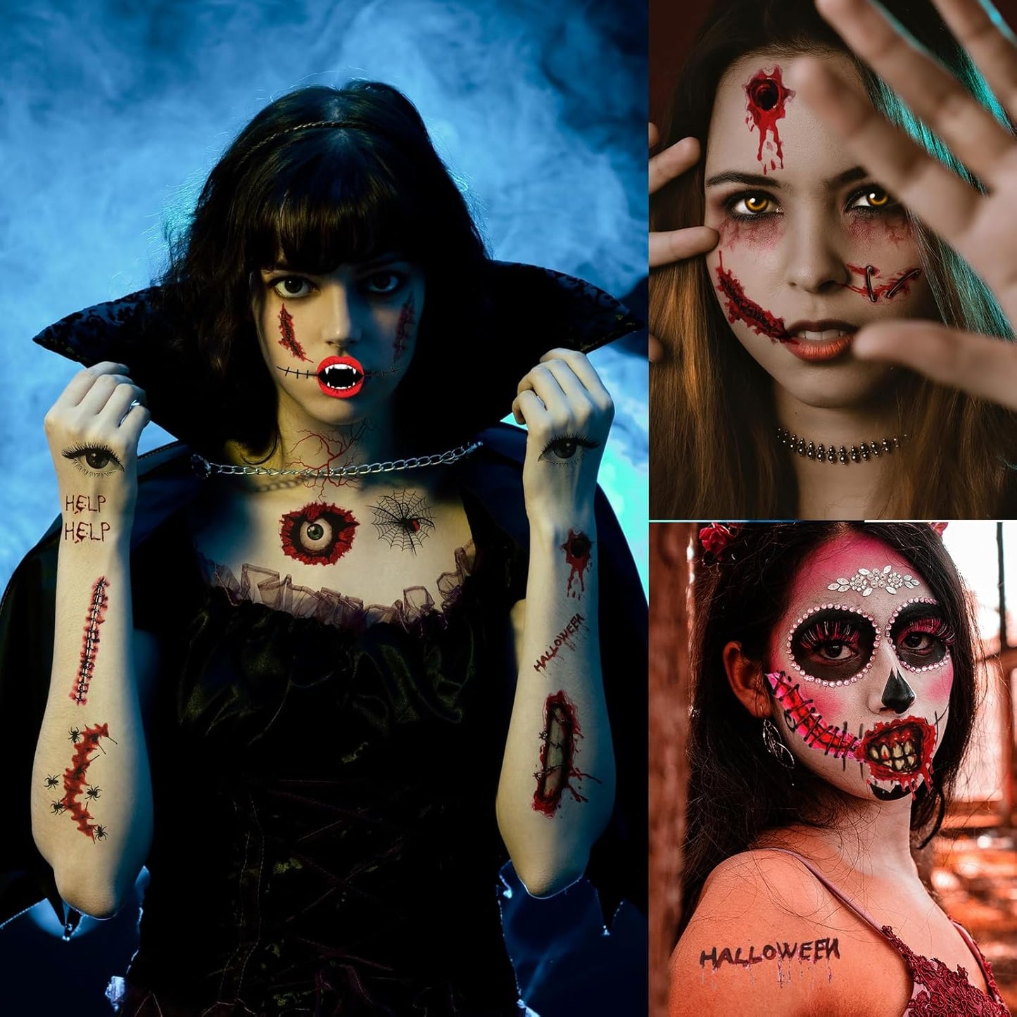 Halloween Horror Makeup Fake Scars Temporary Tattoos - 118 Pcs Realistic Bloody Stitches Wound Tattoo Stickers for Face & Body, Zombie, Chucky, Vampire Cosplay, Pranks & Masquerade Parties