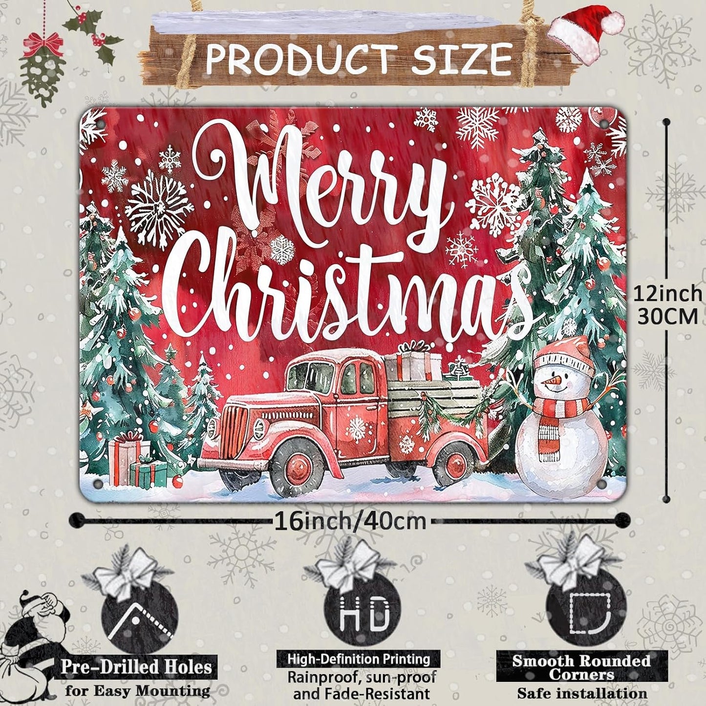 Christmas Truck Metal Tin Sign Merry Christmas Sign Funny Snowman Tin Sign Christmas Tree House Decoration for Indoor Home House Decor Party Supplies 12x16Inch